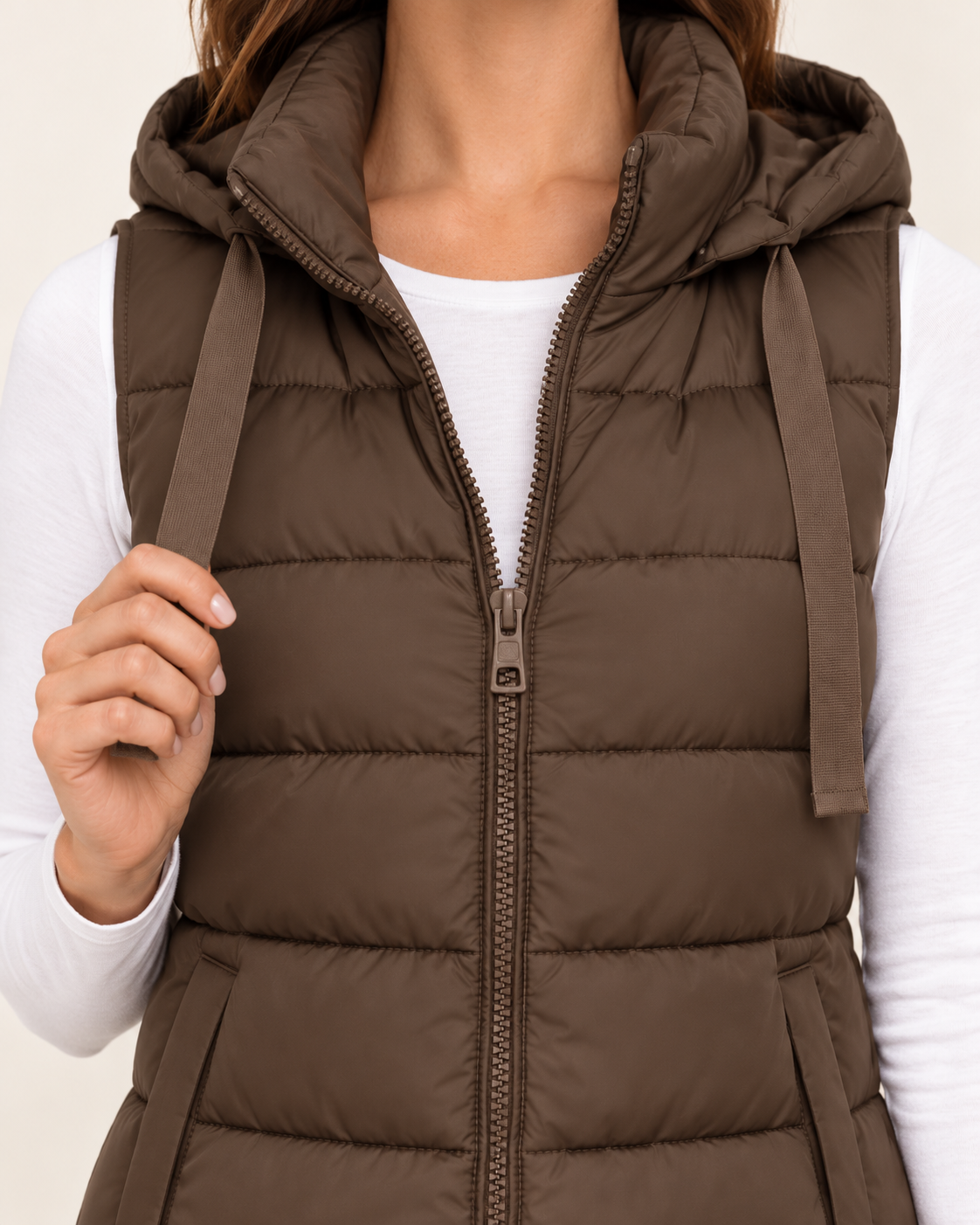 Women's Long Puffer Gilet with Hood and Zip Front in Brown, view 2