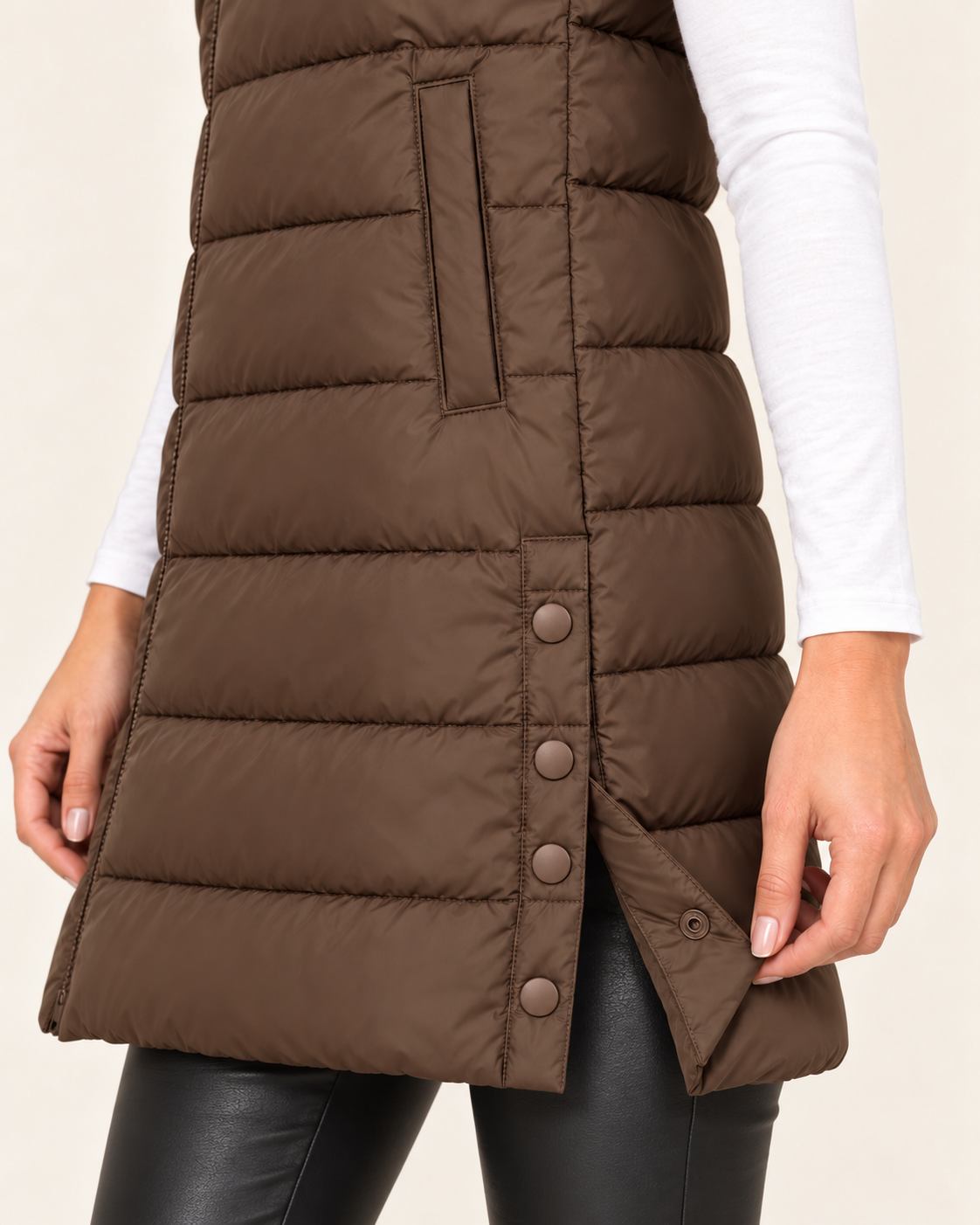 Women's Long Puffer Gilet with Hood and Zip Front in Brown, view 4