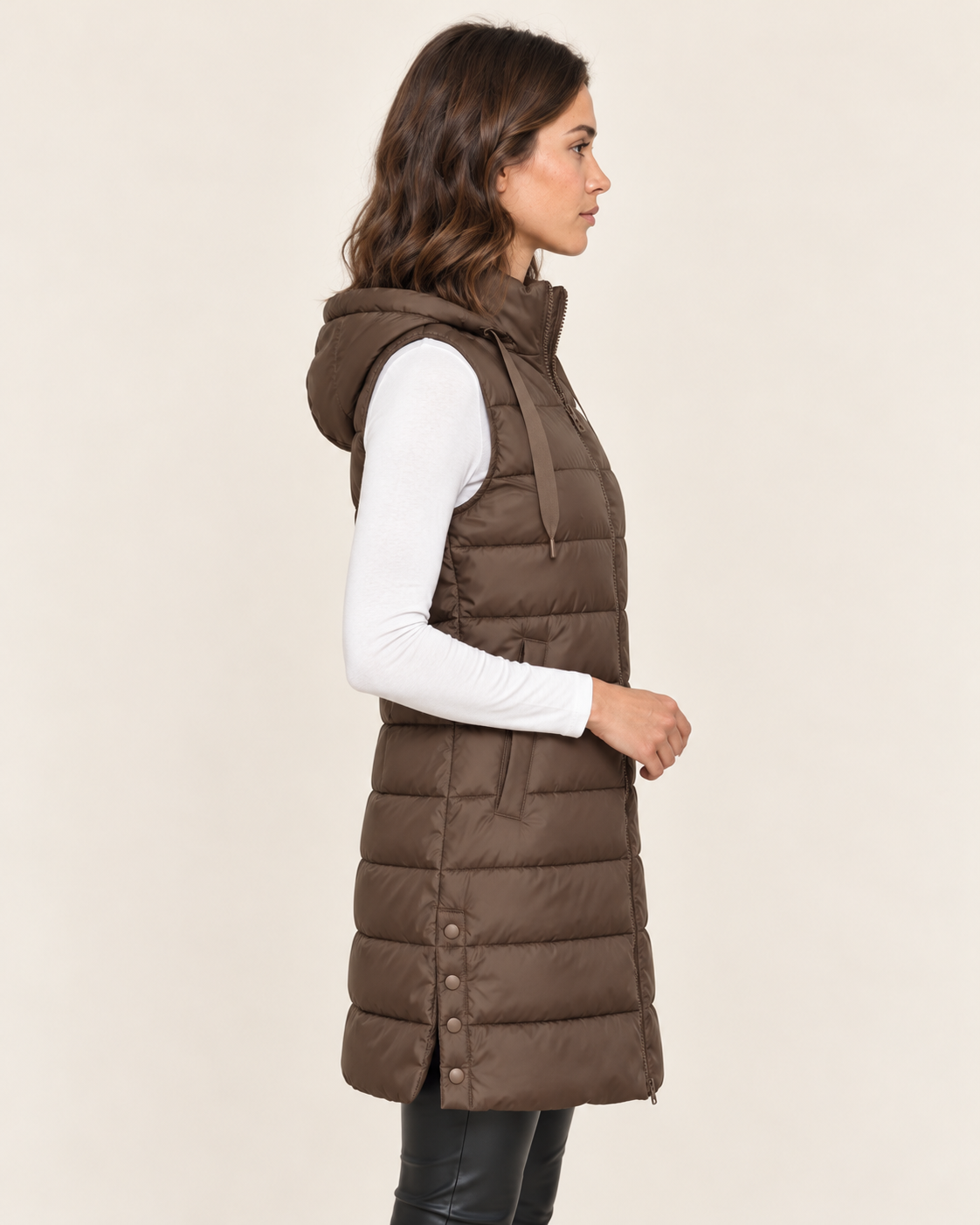 Women's Long Puffer Gilet with Hood and Zip Front in Brown, view 3