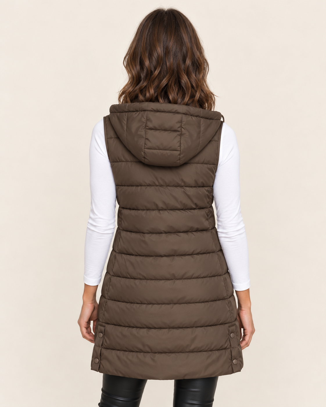 Women's Long Puffer Gilet with Hood and Zip Front in Brown, view 5