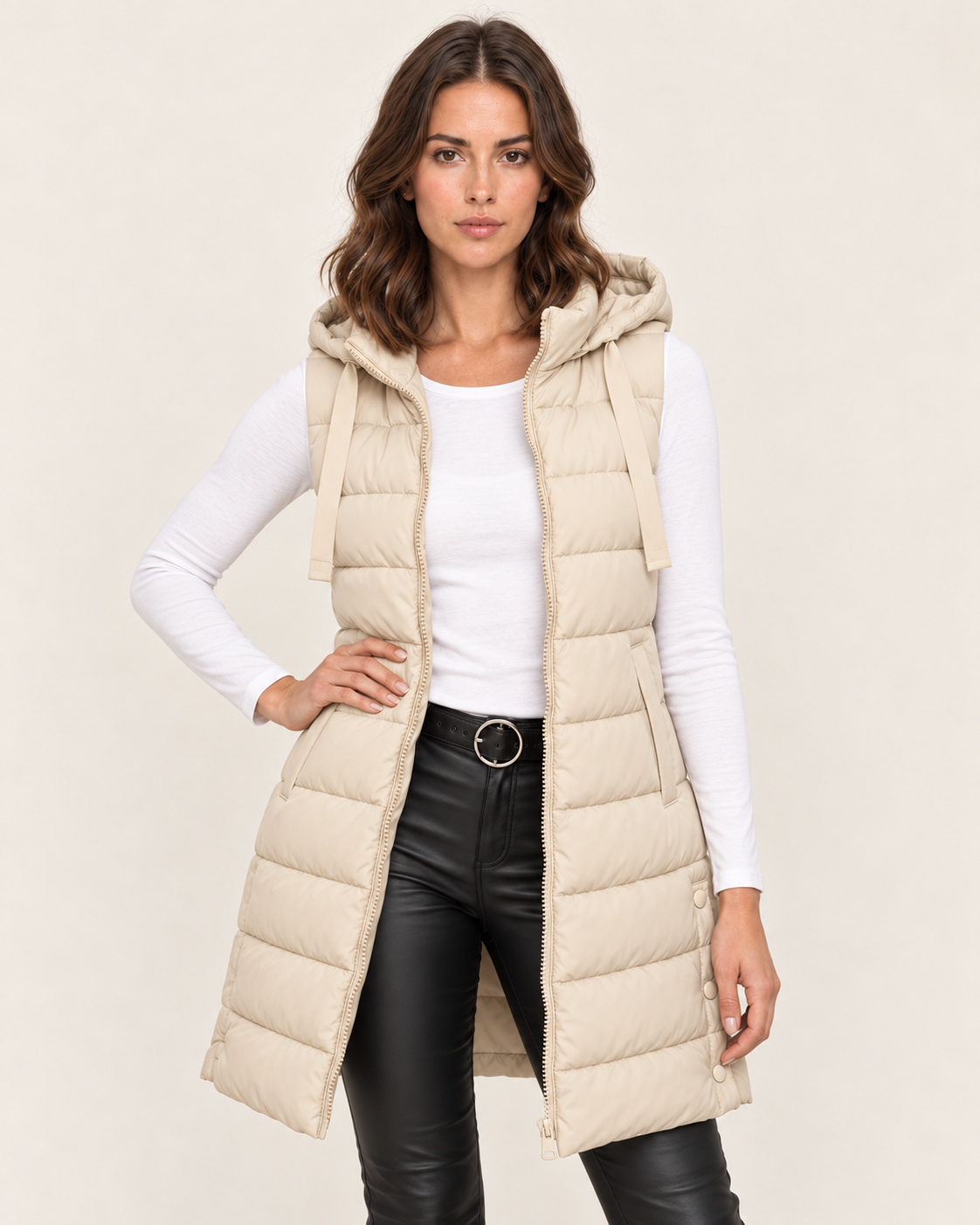 Women's Long Puffer Gilet with Hood and Zip Front in Beige
