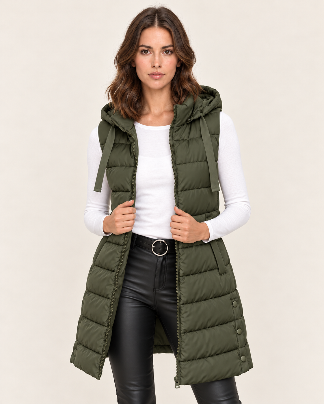 Women's Long Puffer Gilet with Hood and Zip Front in Army Green