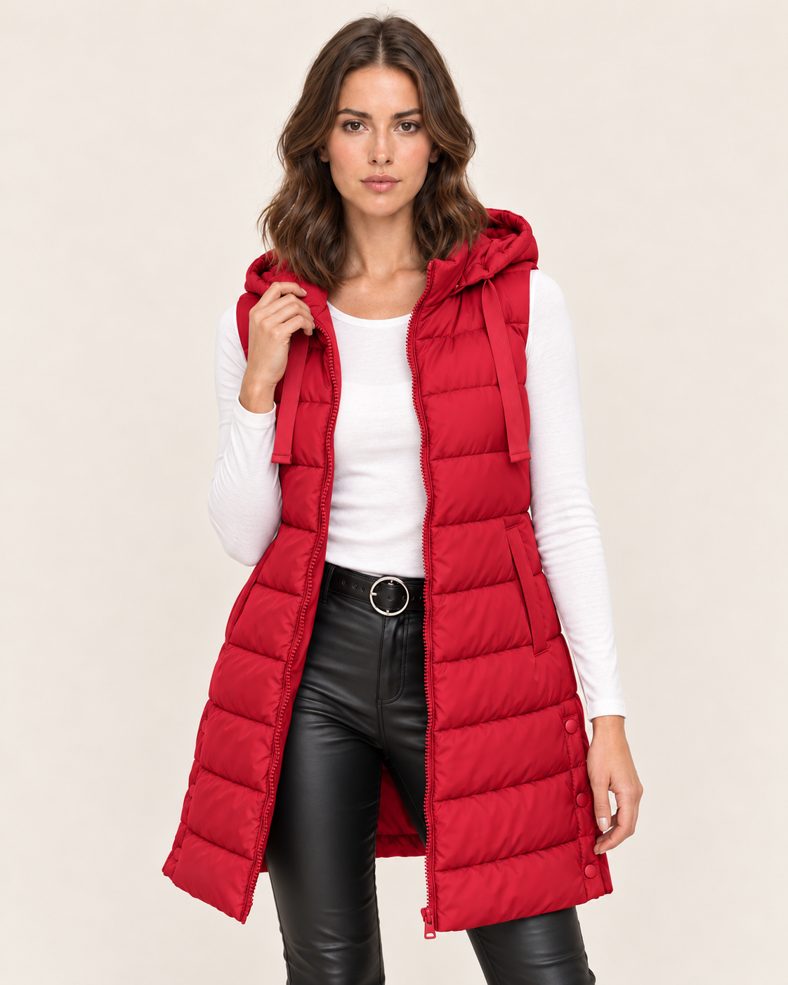 Women's Long Puffer Gilet with Hood and Zip Front in Red