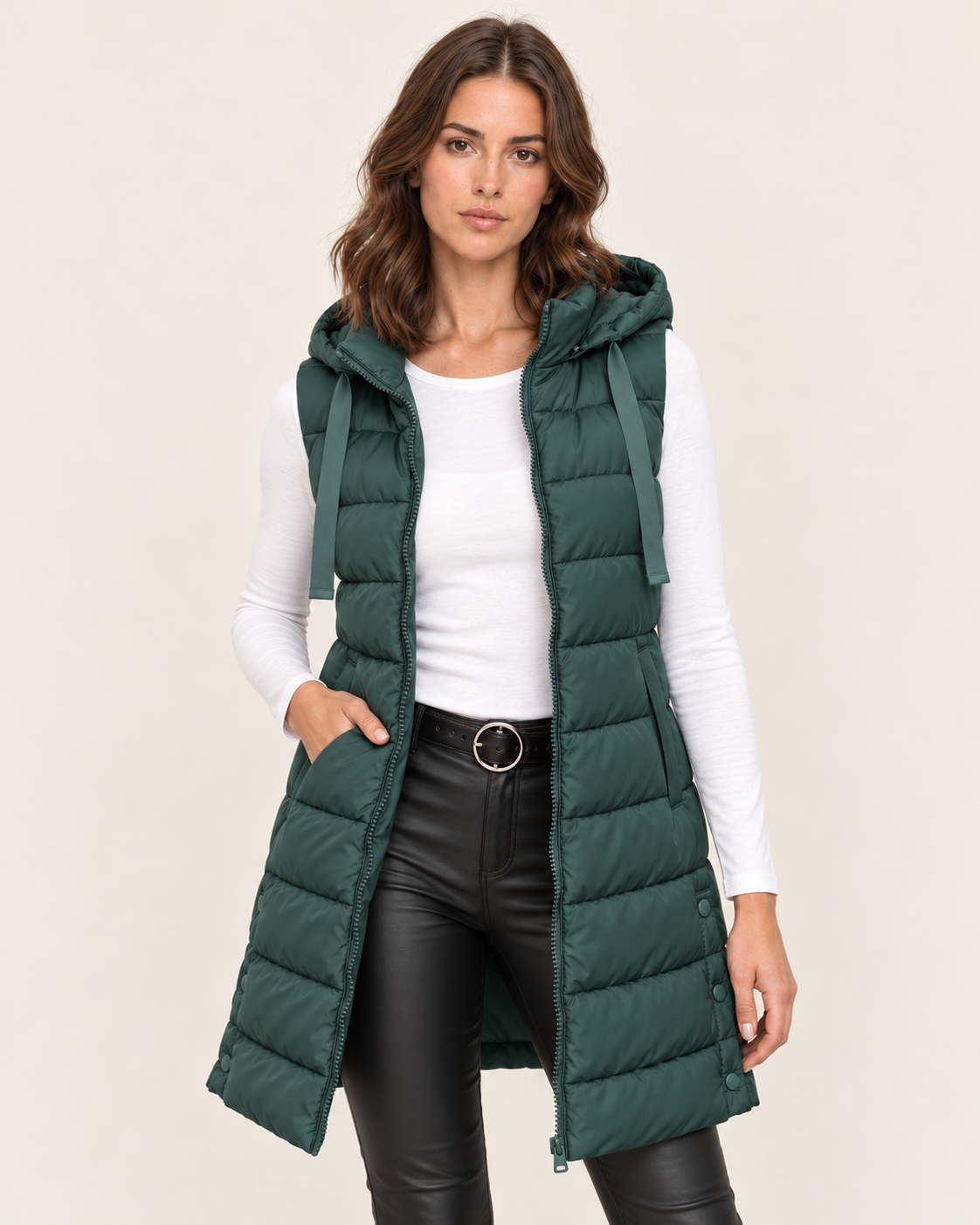 Women's Long Puffer Gilet with Hood and Zip Front in Green