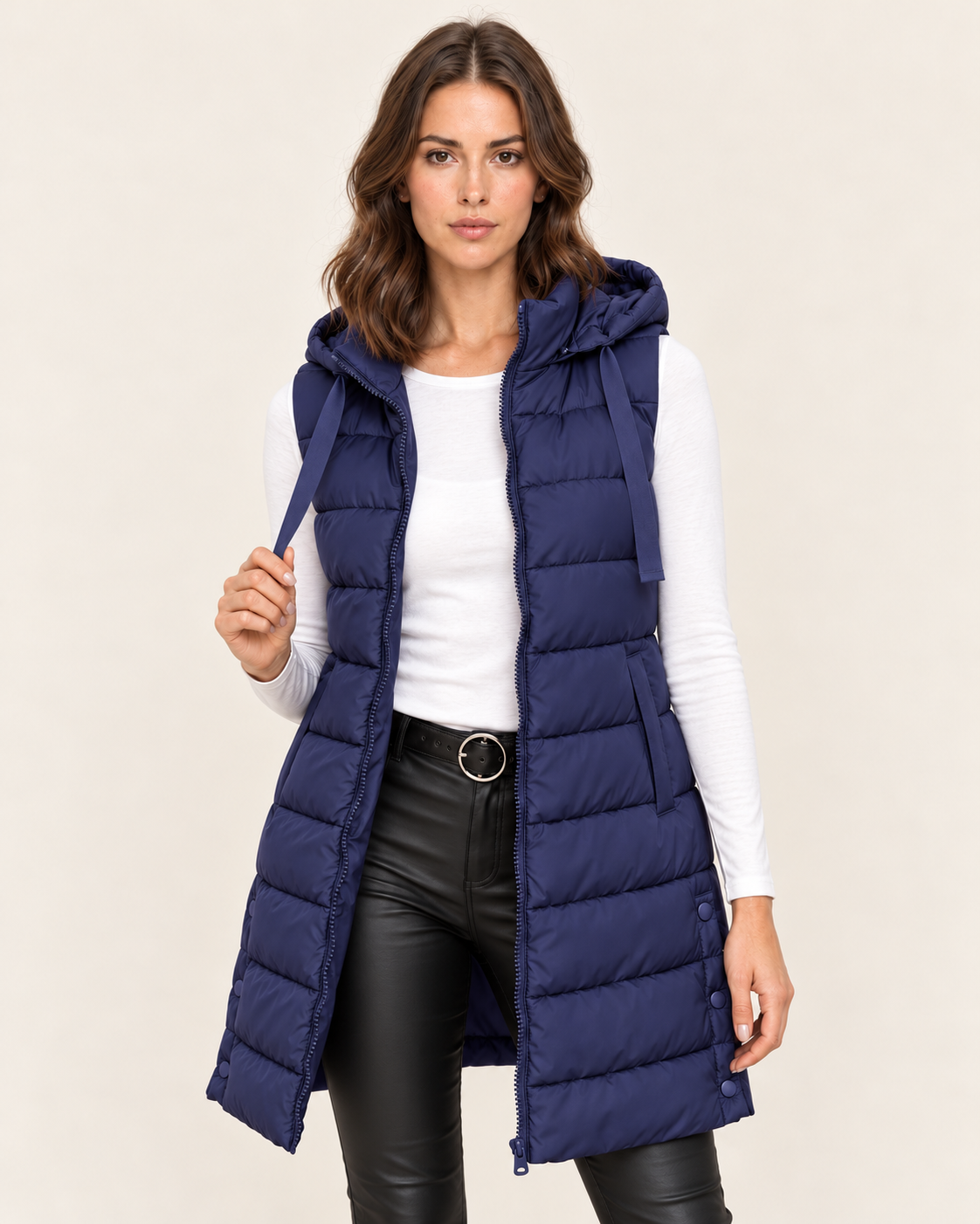 Women's Long Puffer Gilet with Hood and Zip Front in Navy Blue