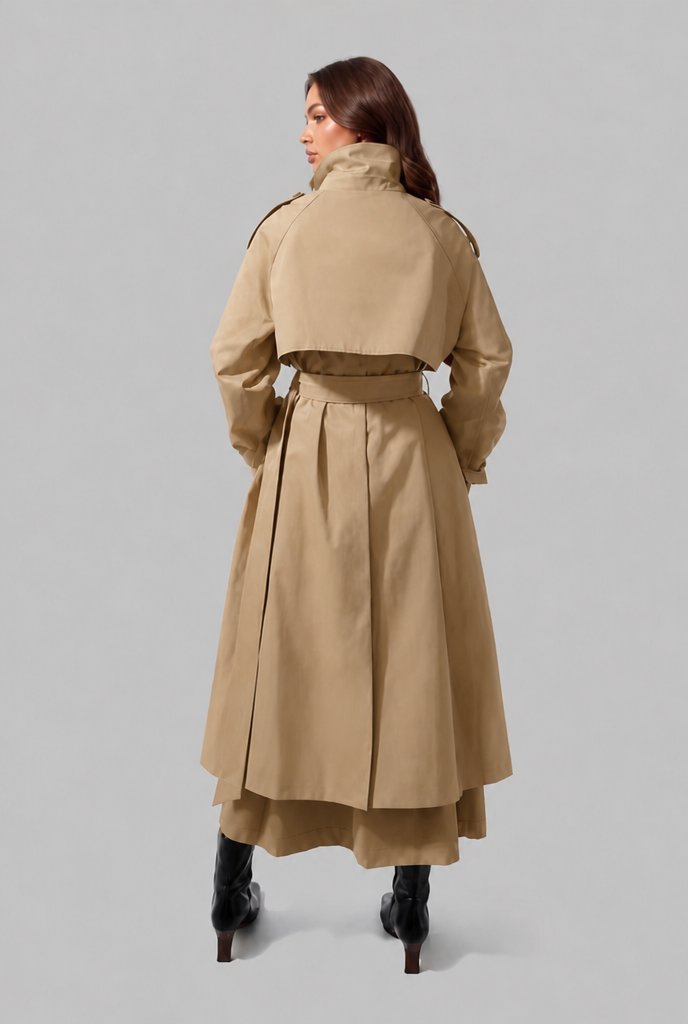 Women's Longline Belted Trench Coat with Pleated Skirt in Khaki, back view