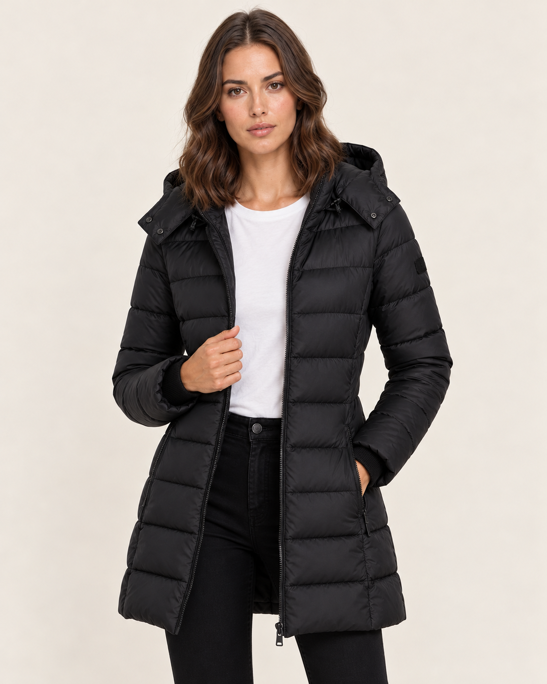 Women's Longline Hooded Puffer Coat with Quilted Channels in Black
