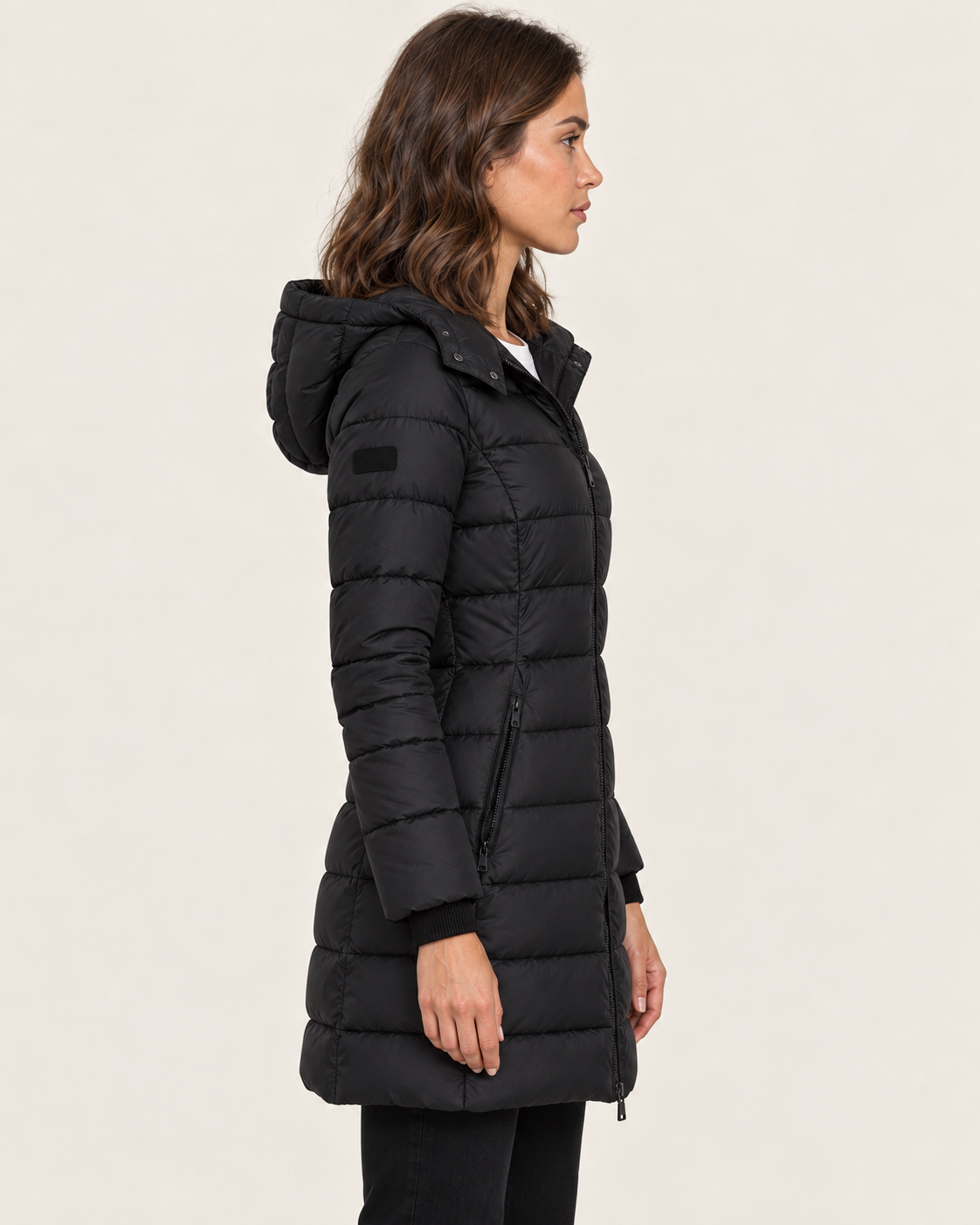 Women's Longline Hooded Puffer Coat with Quilted Channels in Black, alternate view