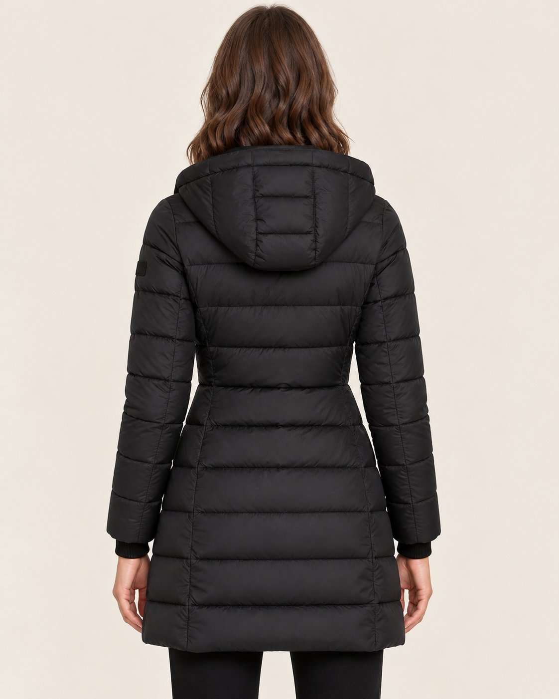 Women's Longline Hooded Puffer Coat with Quilted Channels in Black, alternate view