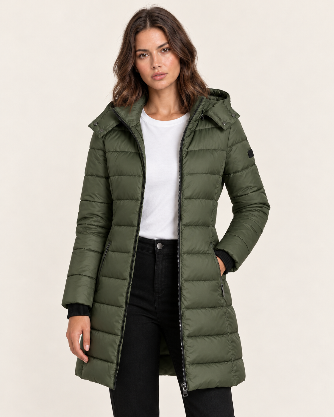 Women's Longline Hooded Puffer Coat with Quilted Channels in Army Green