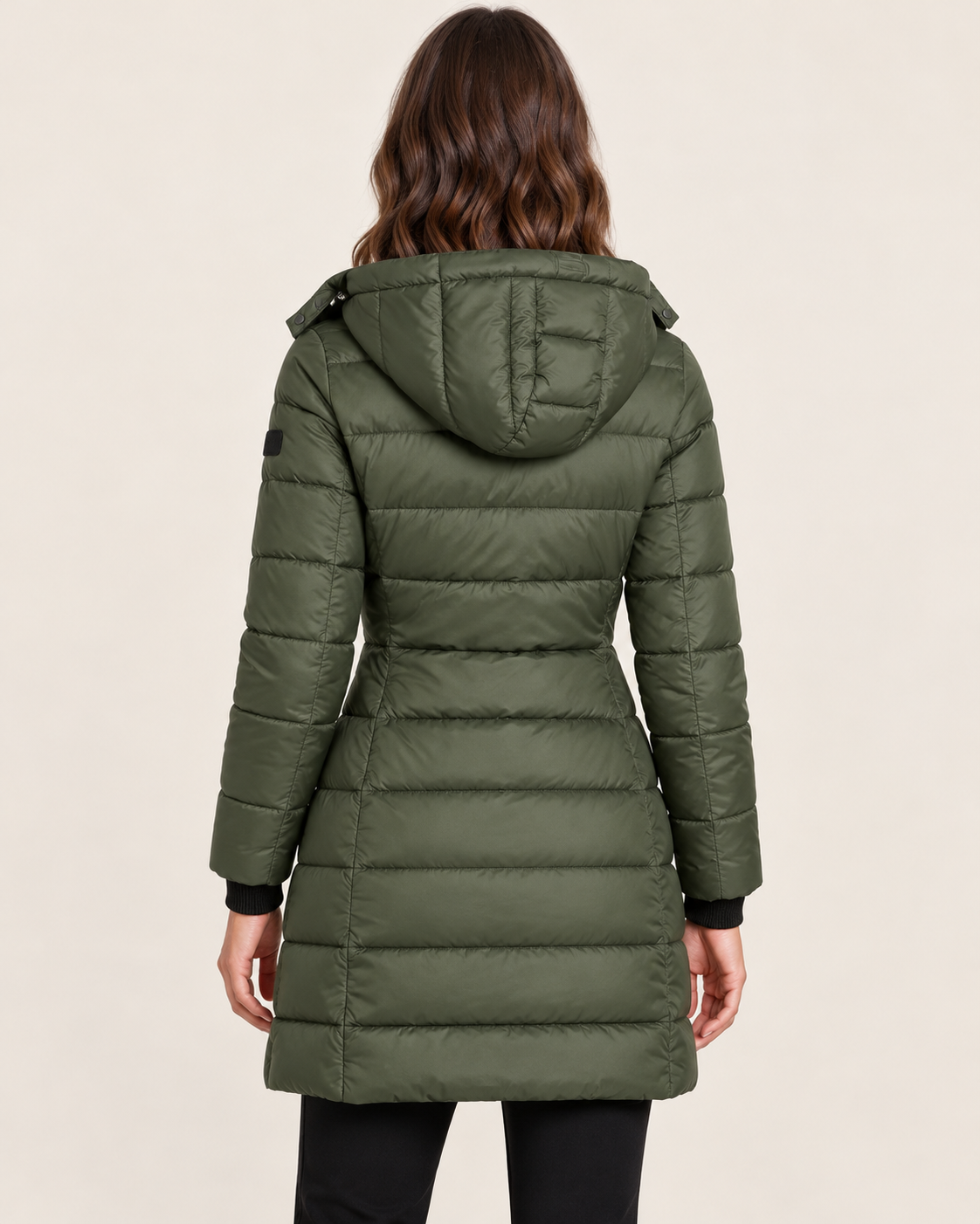 Women's Longline Hooded Puffer Coat with Quilted Channels in Army Green, alternate view