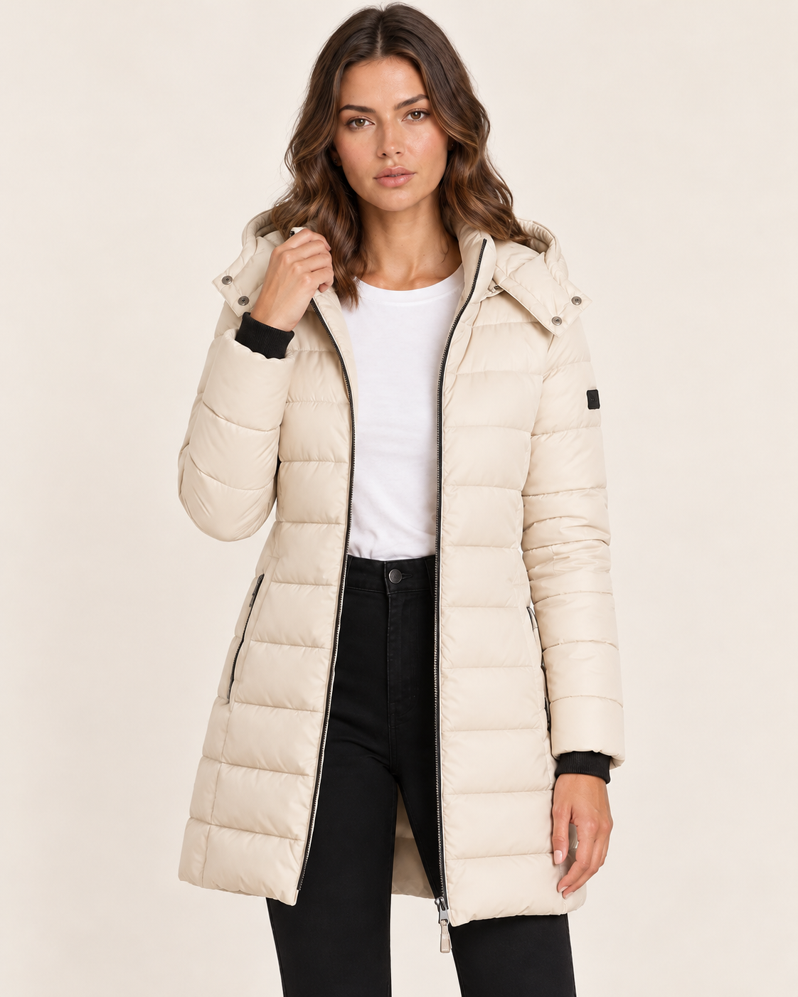Women's Longline Hooded Puffer Coat with Quilted Channels in Beige