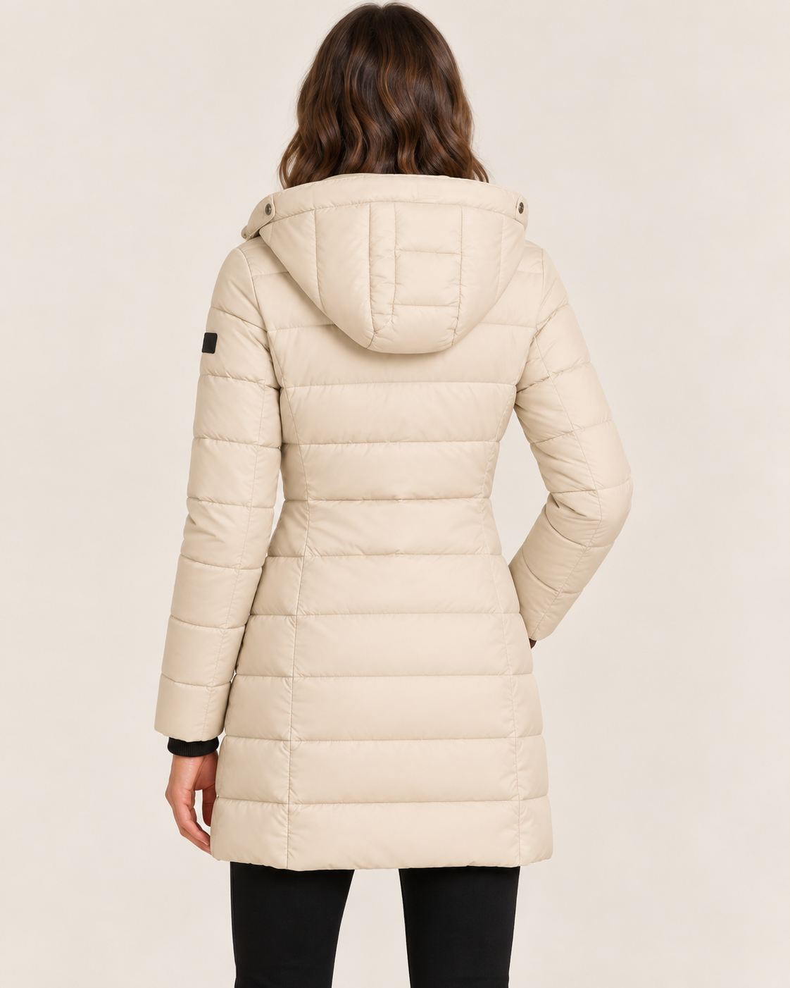 Women's Longline Hooded Puffer Coat with Quilted Channels in Beige, alternate view