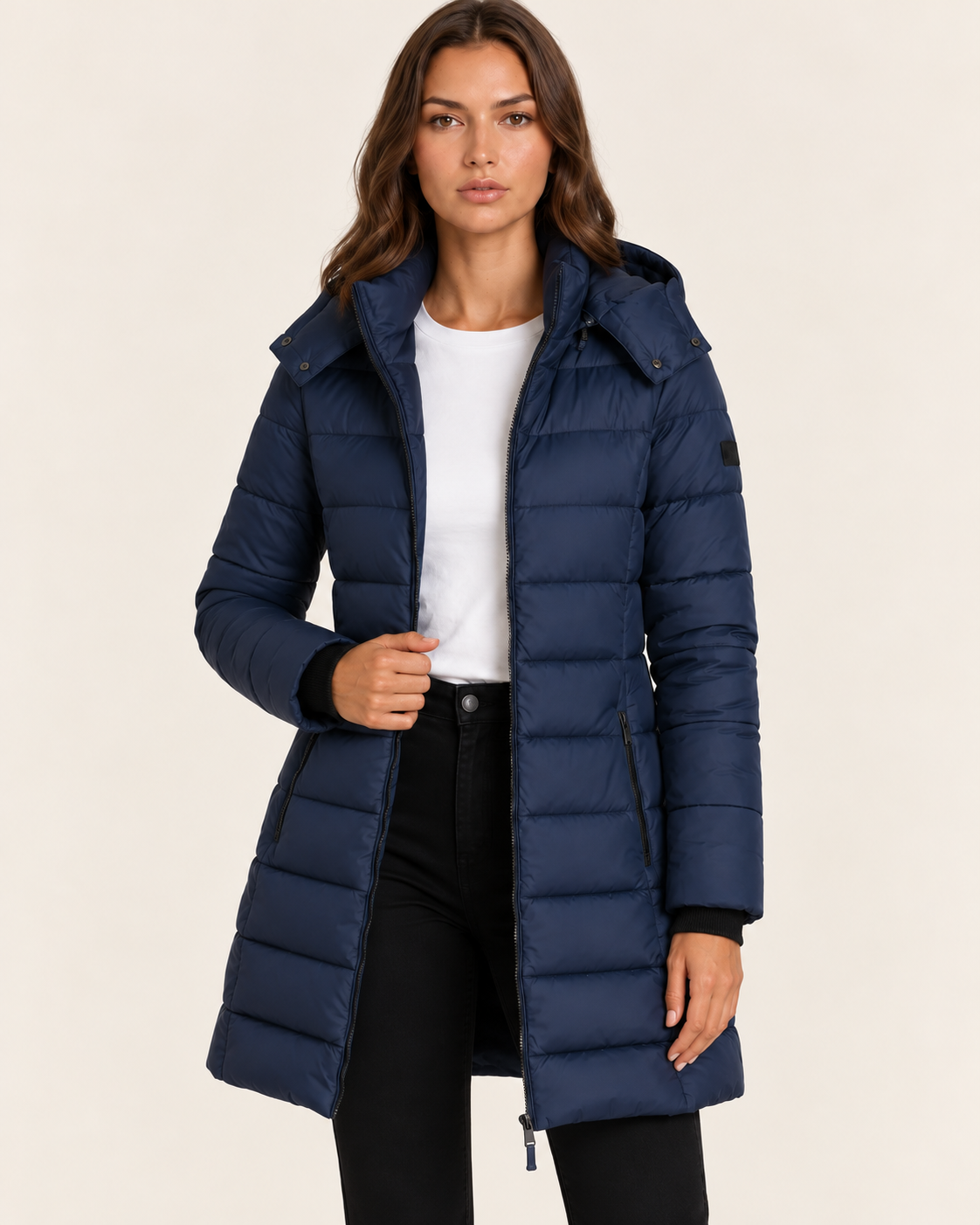 Women's Longline Hooded Puffer Coat with Quilted Channels in Navy