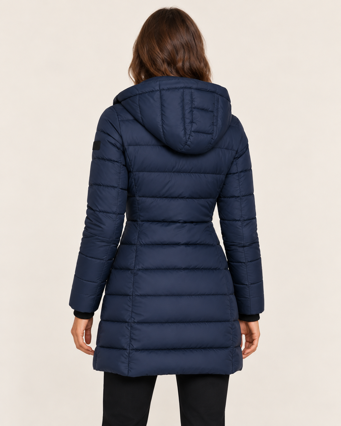 Women's Longline Hooded Puffer Coat with Quilted Channels in Navy, alternate view