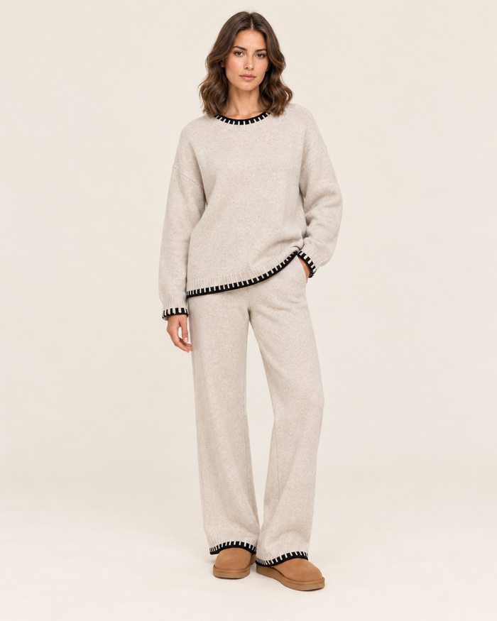Women's Knitted Co-Ord Set with Jumper and Wide Leg Trousers in Light Grey