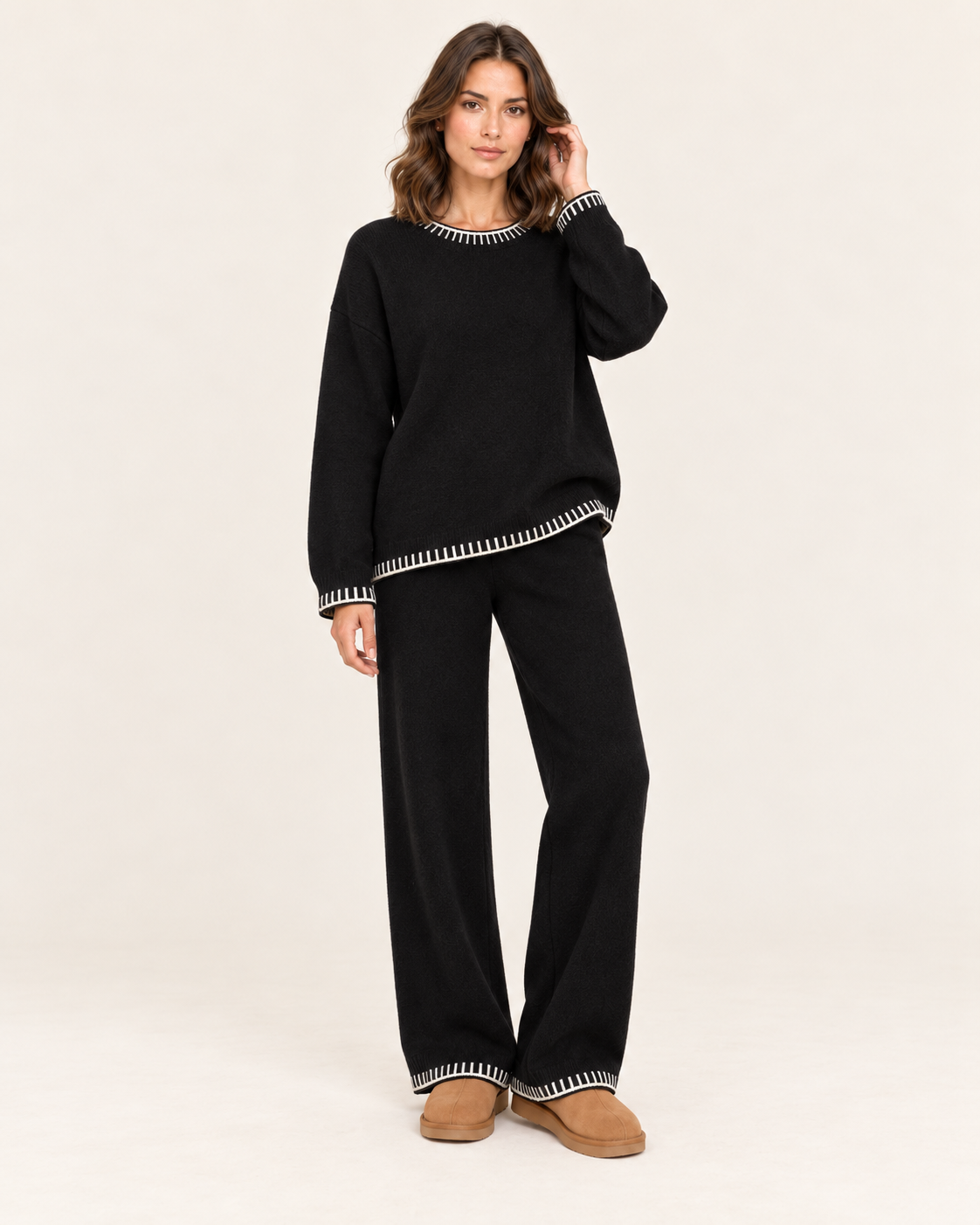 Women's Knitted Co-Ord Set with Jumper and Wide Leg Trousers in Black