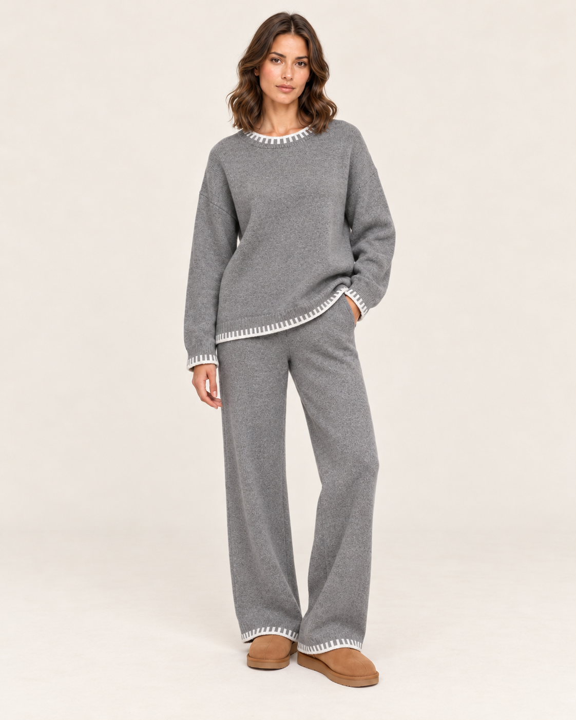 Women's Knitted Co-Ord Set with Jumper and Wide Leg Trousers in Grey