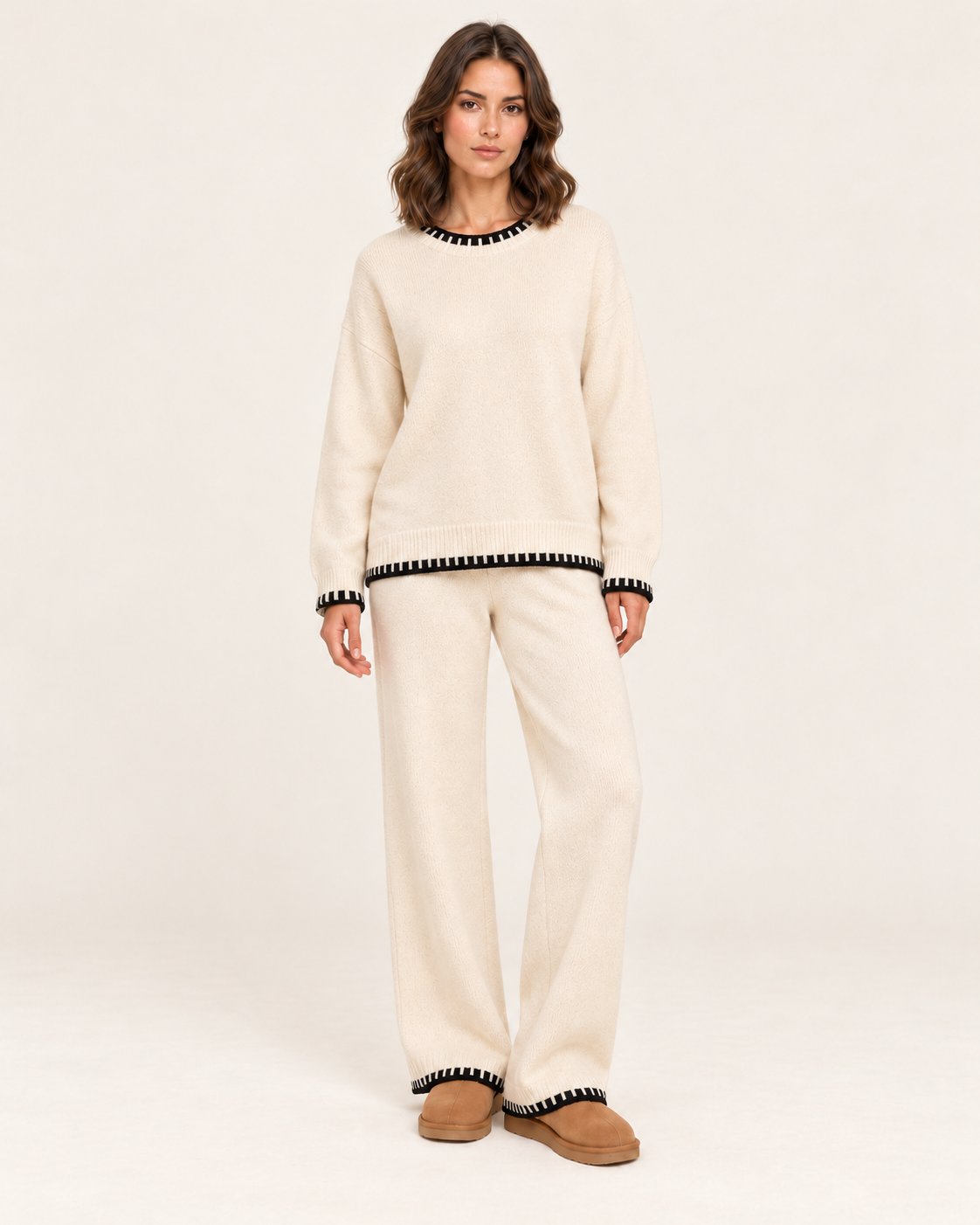 Women's Knitted Co-Ord Set with Jumper and Wide Leg Trousers in Cream