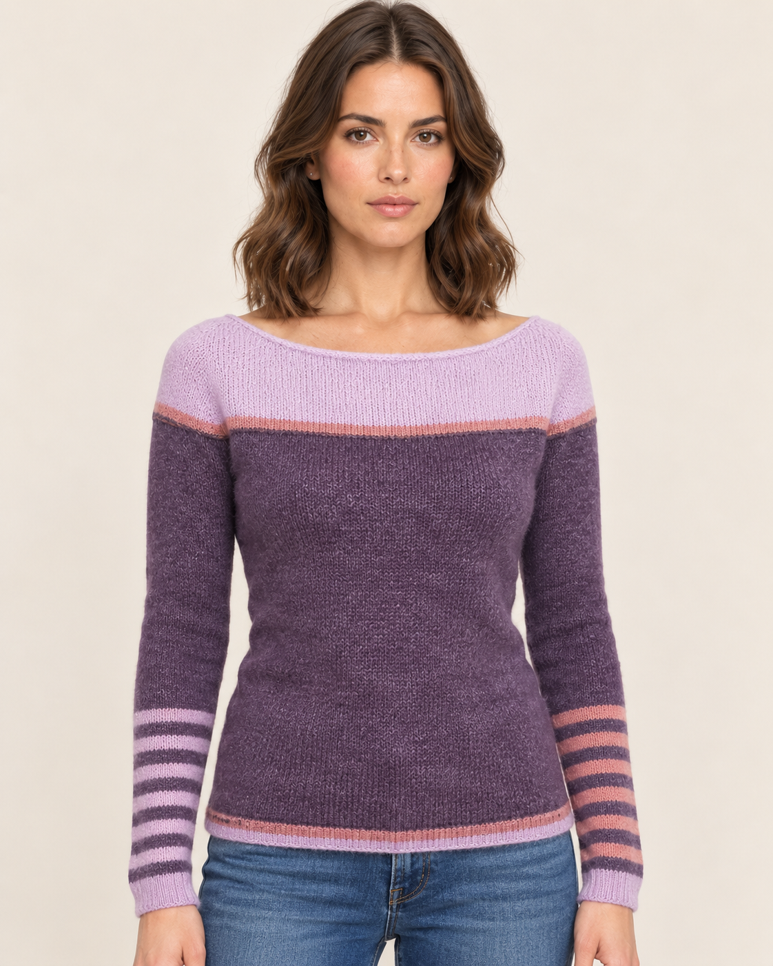 Women's Boat Neck Colour Block Jumper with Striped Cuffs in Purple