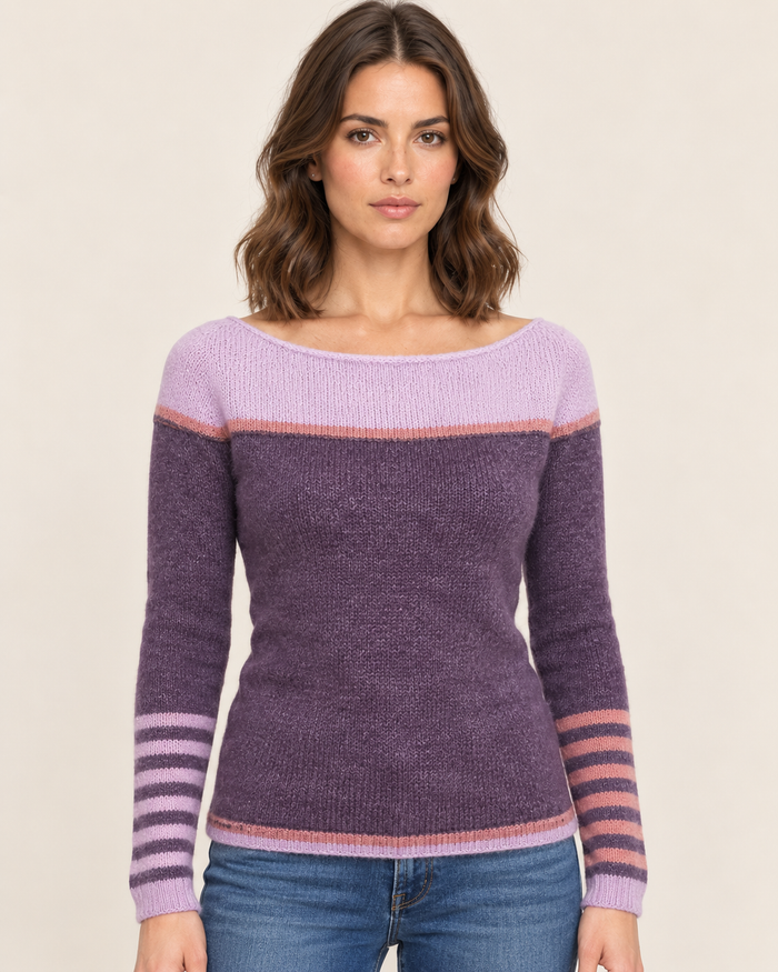 Women's Boat Neck Colour Block Jumper with Striped Cuffs in Purple