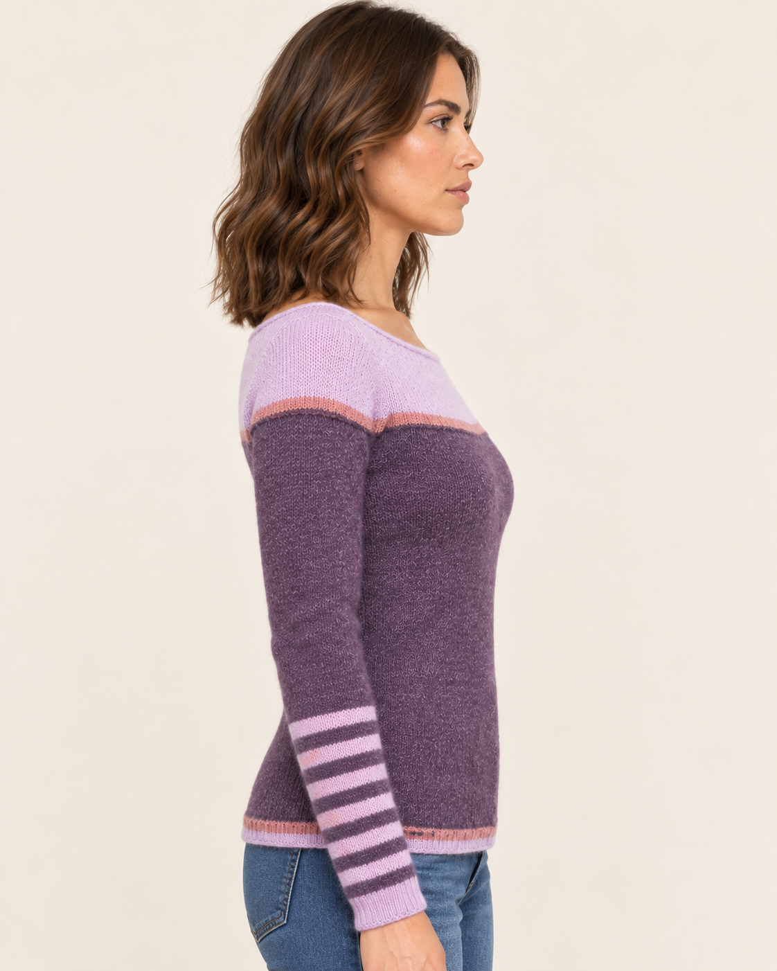 Women's Boat Neck Colour Block Jumper with Striped Cuffs in Purple, side view