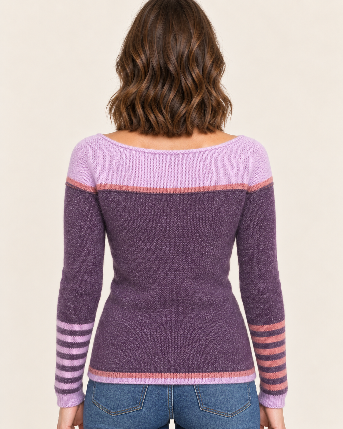 Women's Boat Neck Colour Block Jumper with Striped Cuffs in Purple, back view