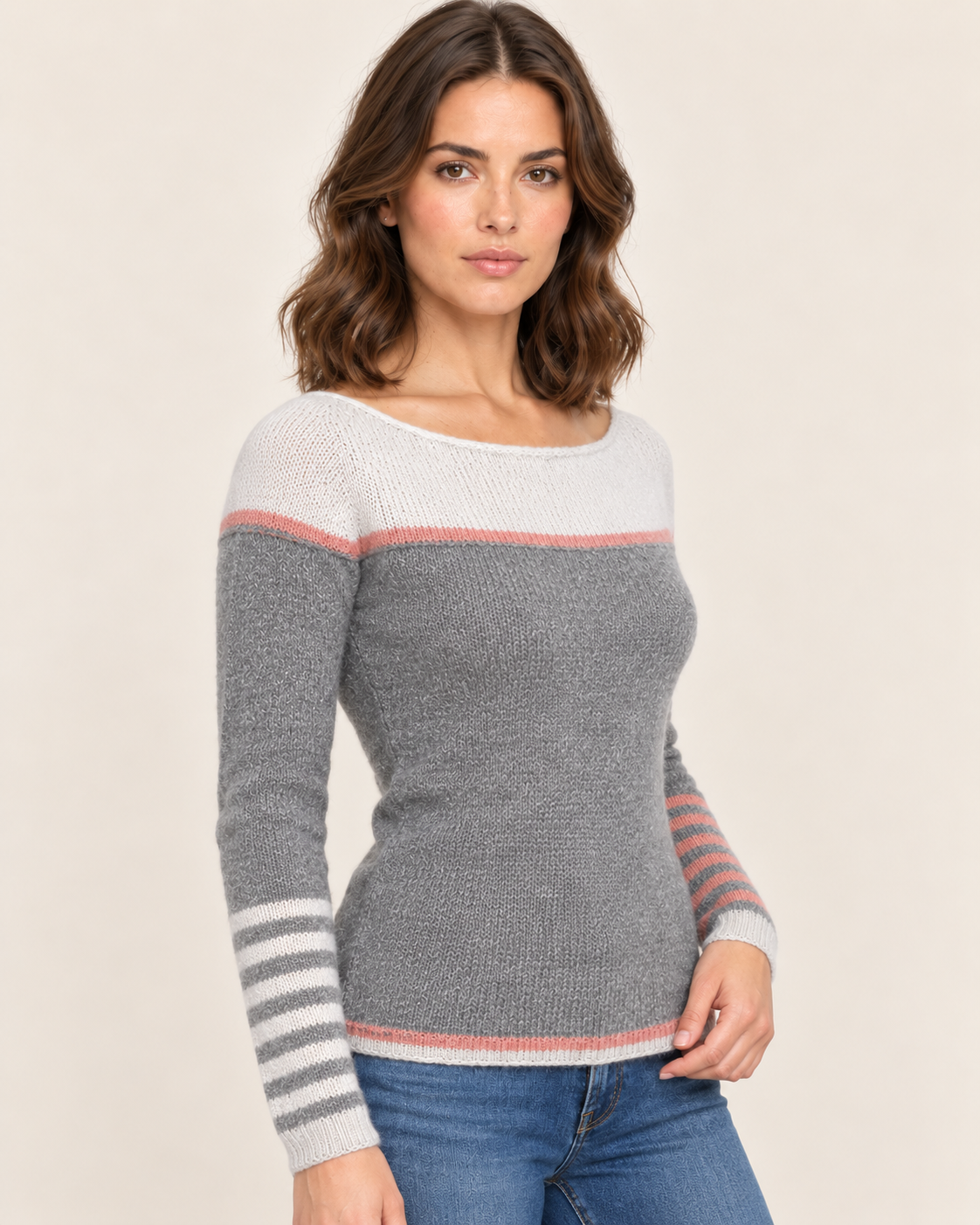 Women's Boat Neck Colour Block Jumper with Striped Cuffs in Grey