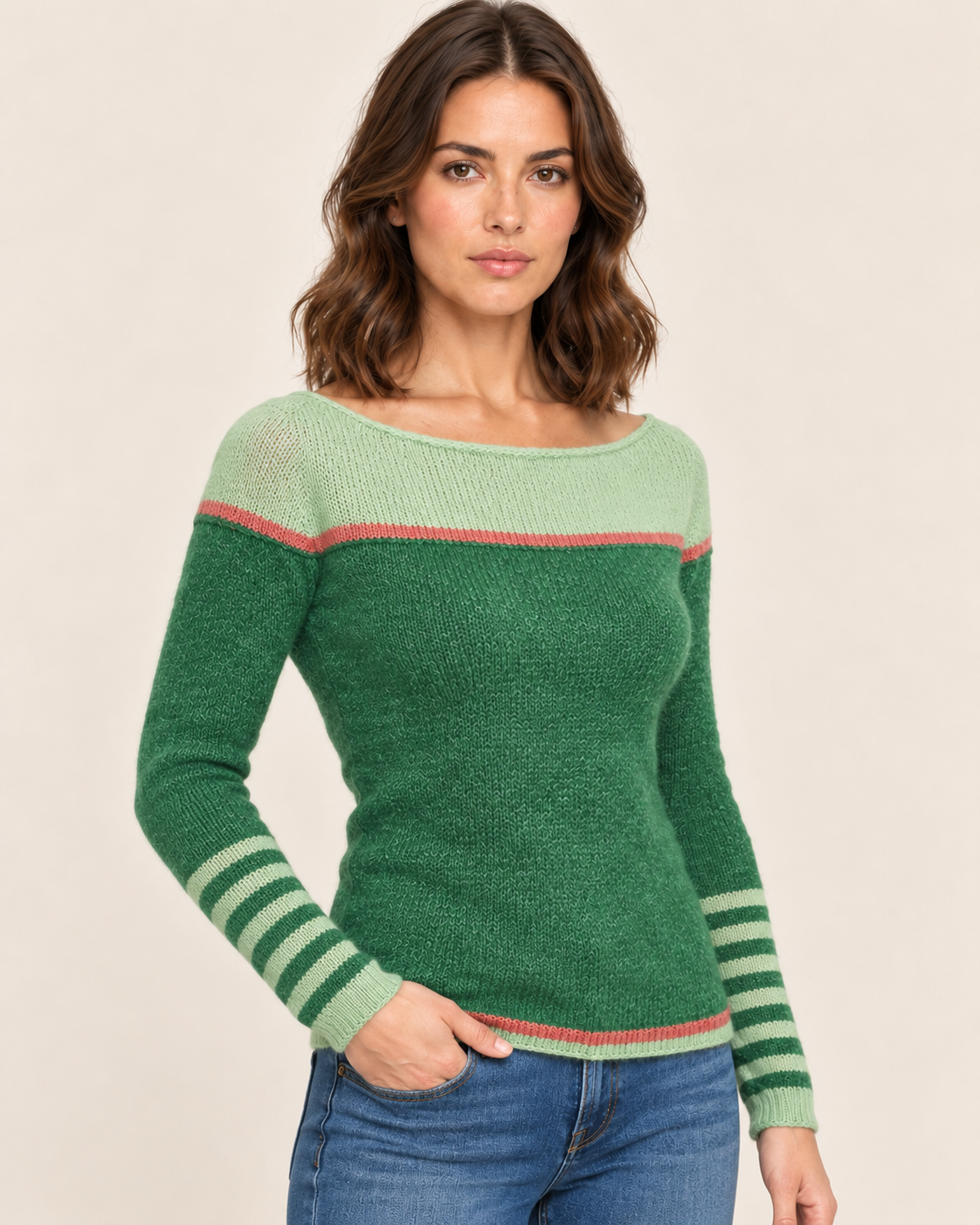 Women's Boat Neck Colour Block Jumper with Striped Cuffs in Green