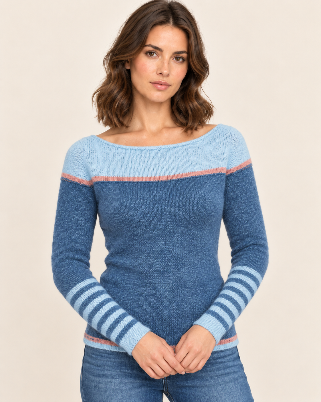 Women's Boat Neck Colour Block Jumper with Striped Cuffs in Blue