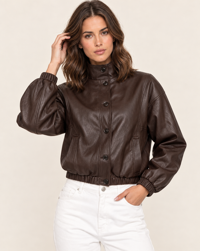 Women's Oversized Cropped Chocolate Brown Faux Leather Bomber Jacket
