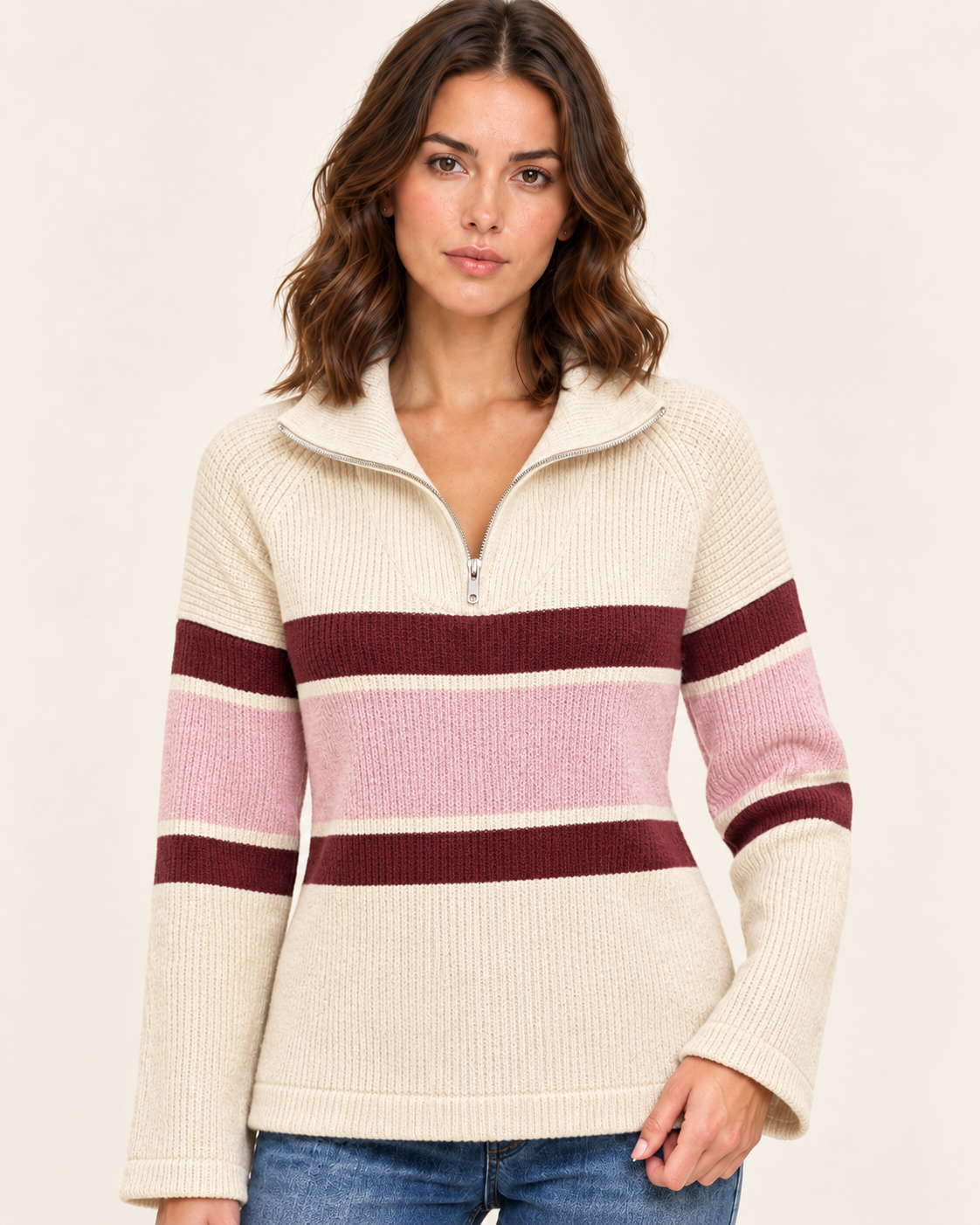 Women's Oversized Cashmere Half Zip Jumper with Wide Collar in White Striped