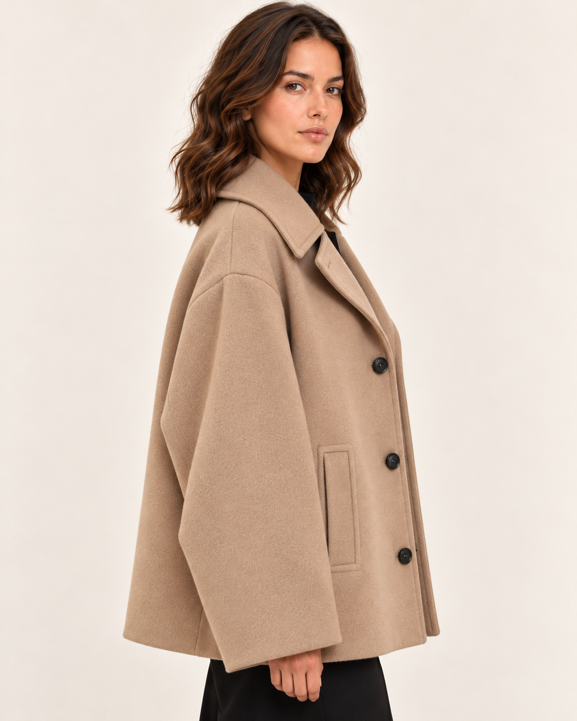 Women's Oversized Wool Blend Jacket with Notch Lapels in Khaki, side view