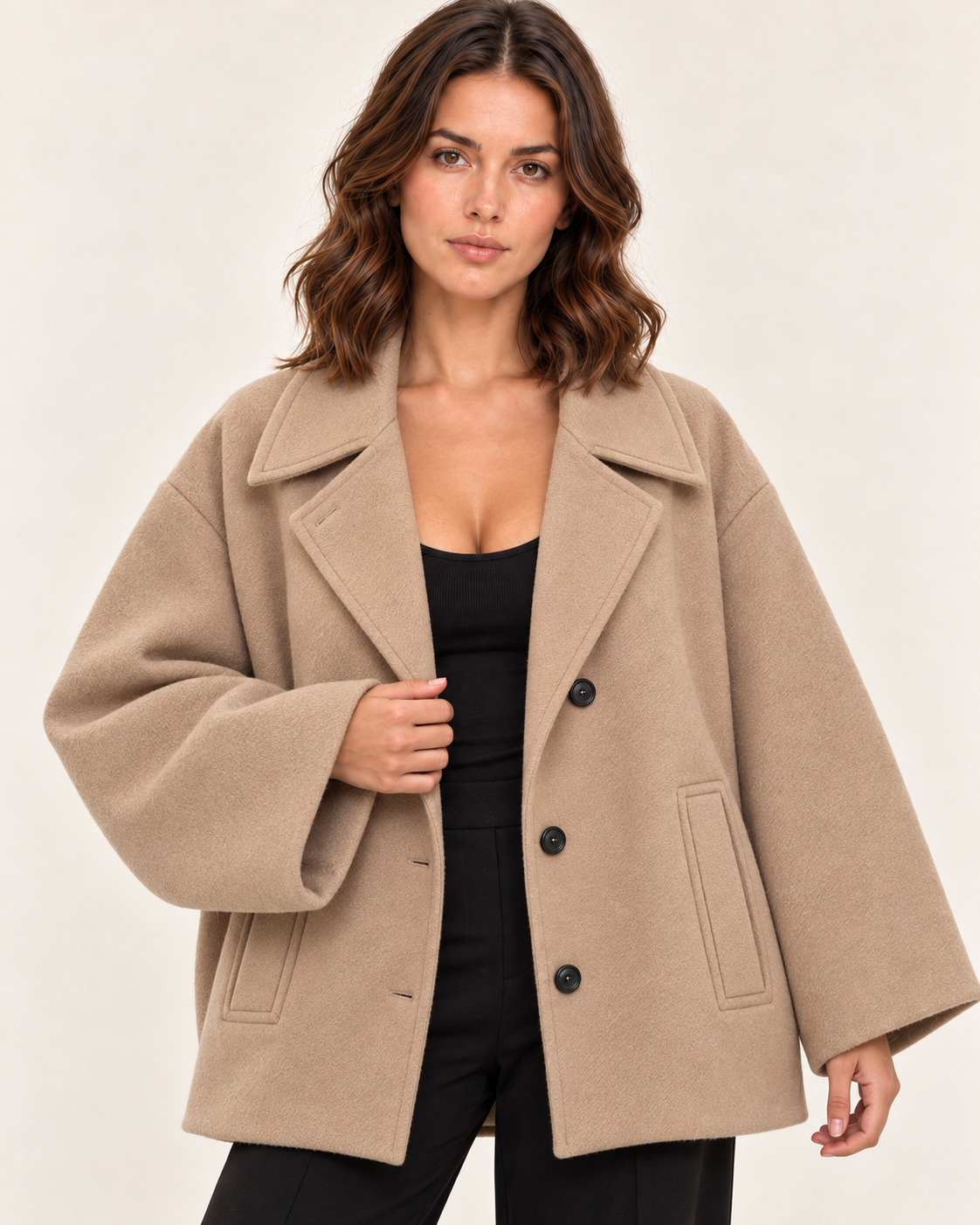 Women's Oversized Wool Blend Jacket with Notch Lapels in Khaki