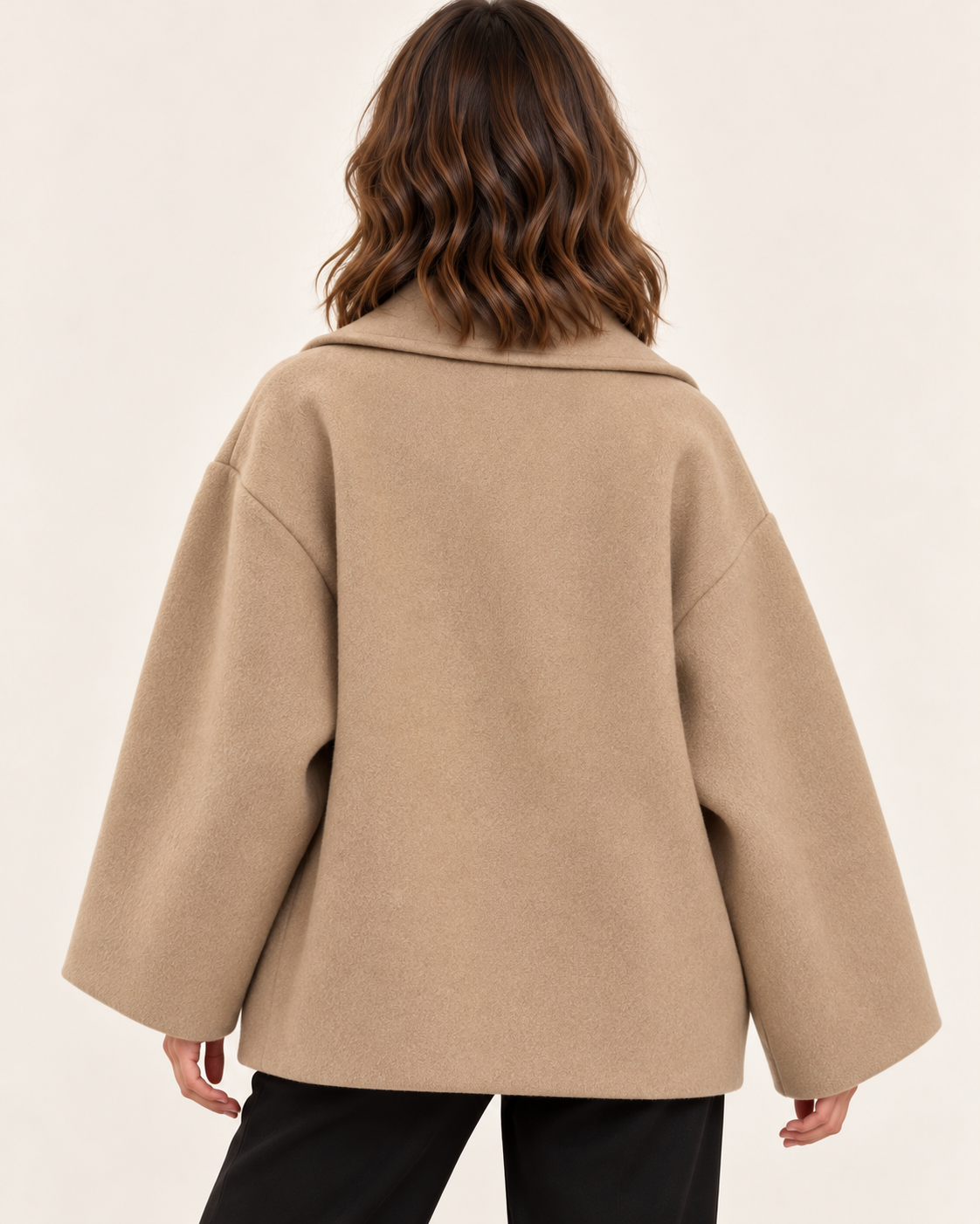 Women's Oversized Wool Blend Jacket with Notch Lapels in Khaki, back view