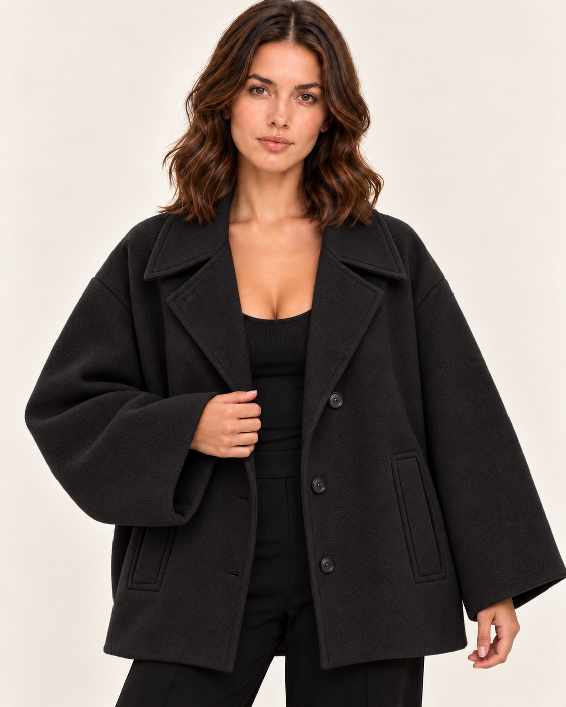 Women's Oversized Wool Blend Jacket with Notch Lapels in Black