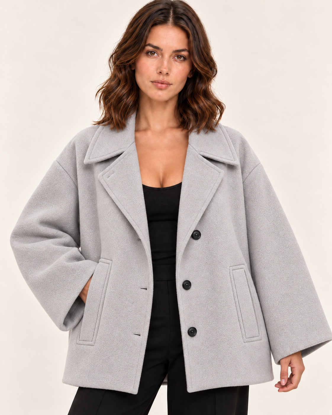Women's Oversized Wool Blend Jacket with Notch Lapels in Grey