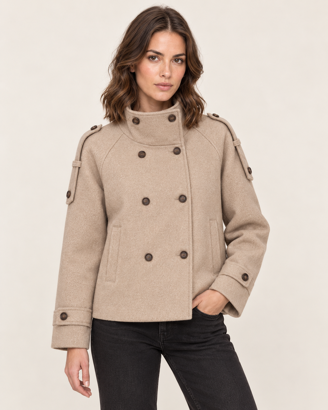 Women's Short Double Breasted Wool Blend Coat in Taupe front view