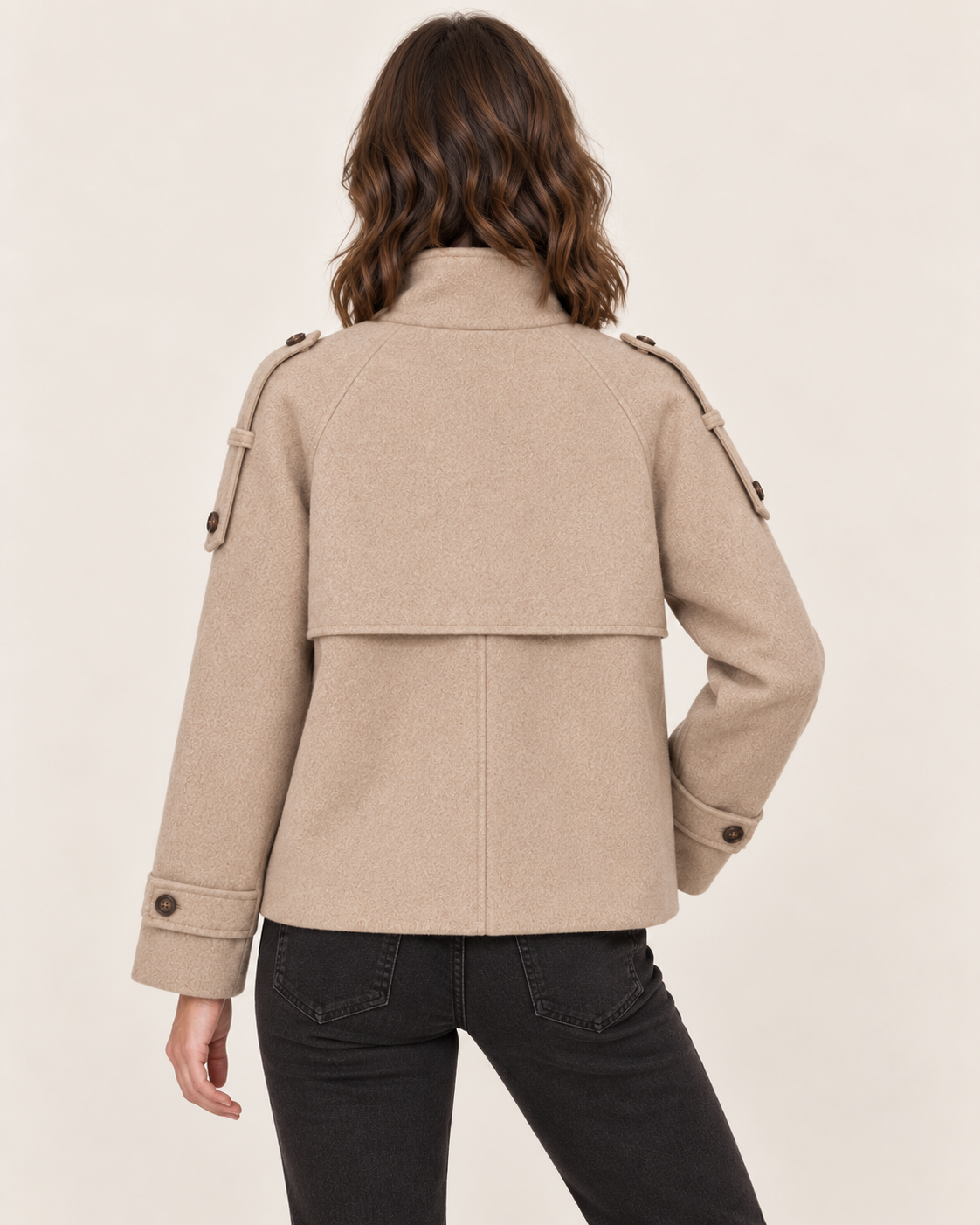 Women's Short Double Breasted Wool Blend Coat in Taupe back view