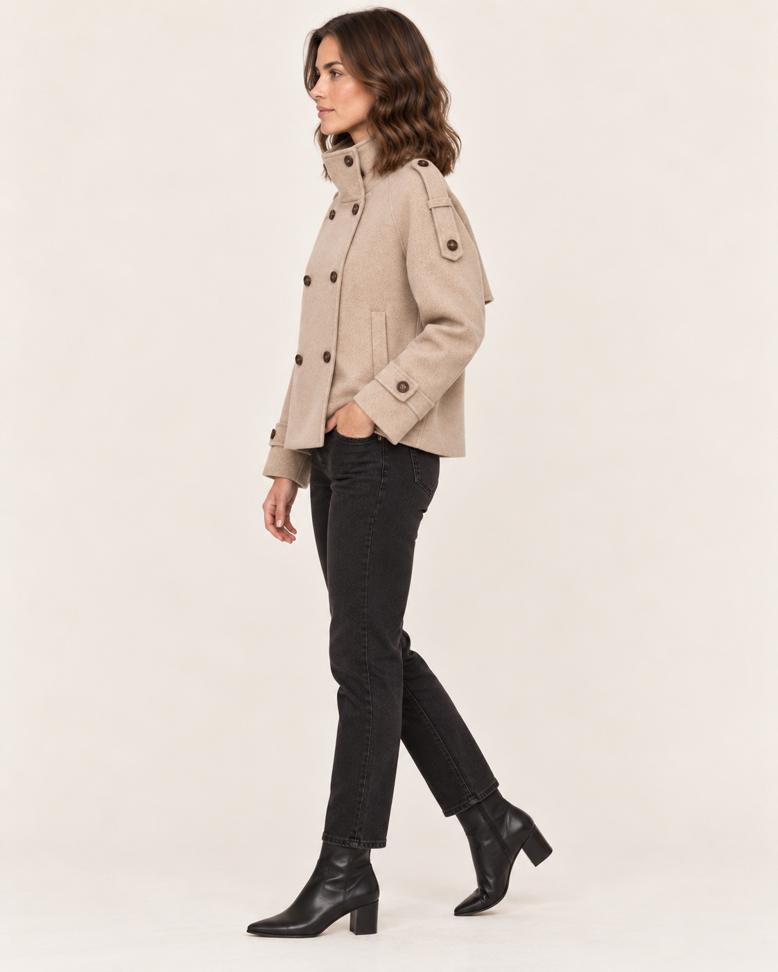 Women's Short Double Breasted Wool Blend Coat in Taupe side view