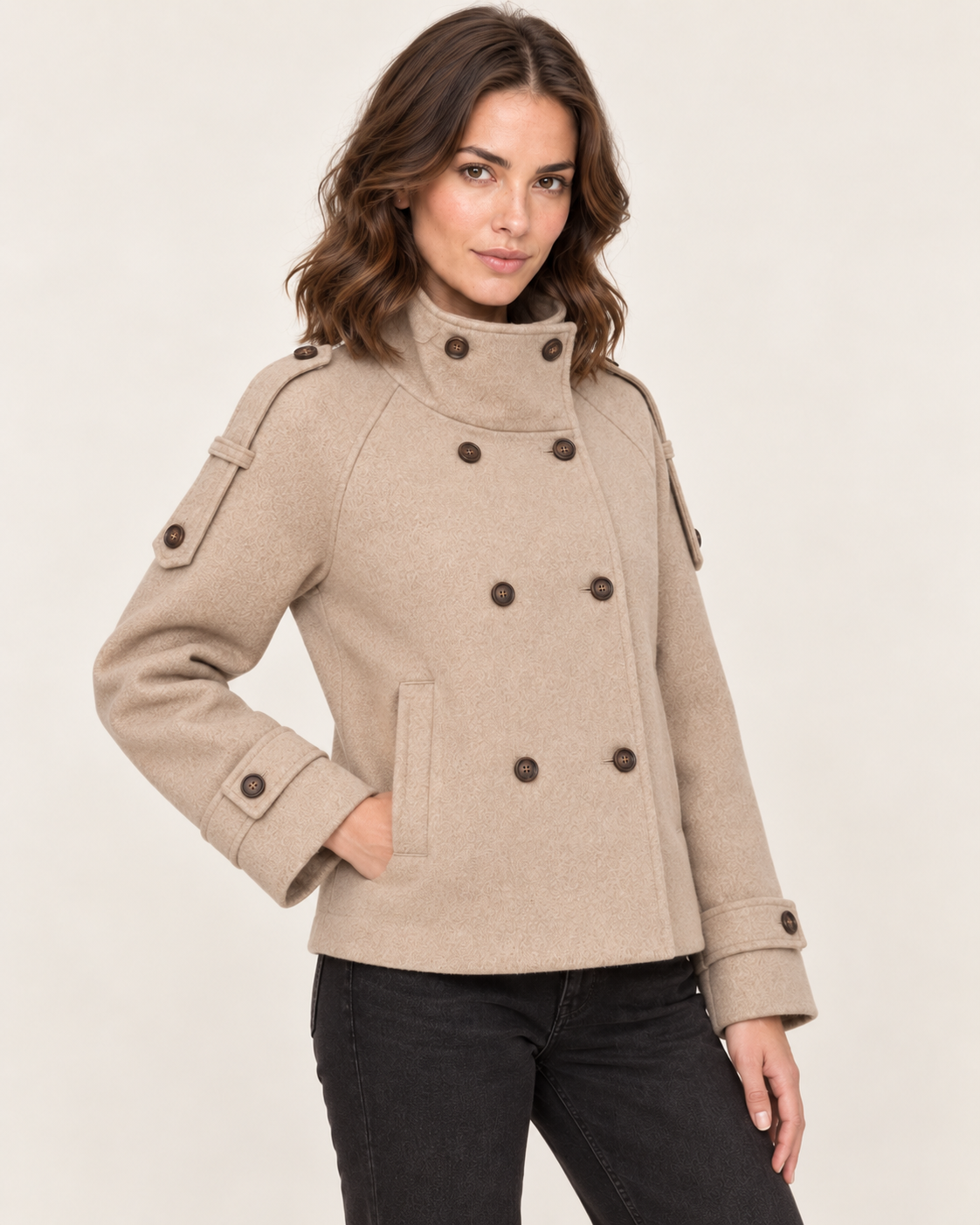 Women's Short Double Breasted Wool Blend Coat in Taupe worn with black jeans