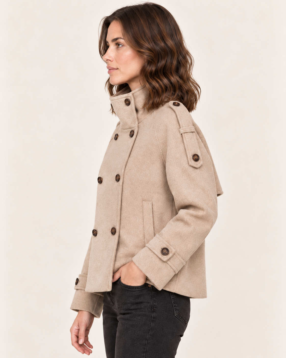 Women's Short Double Breasted Wool Blend Coat in Taupe side profile