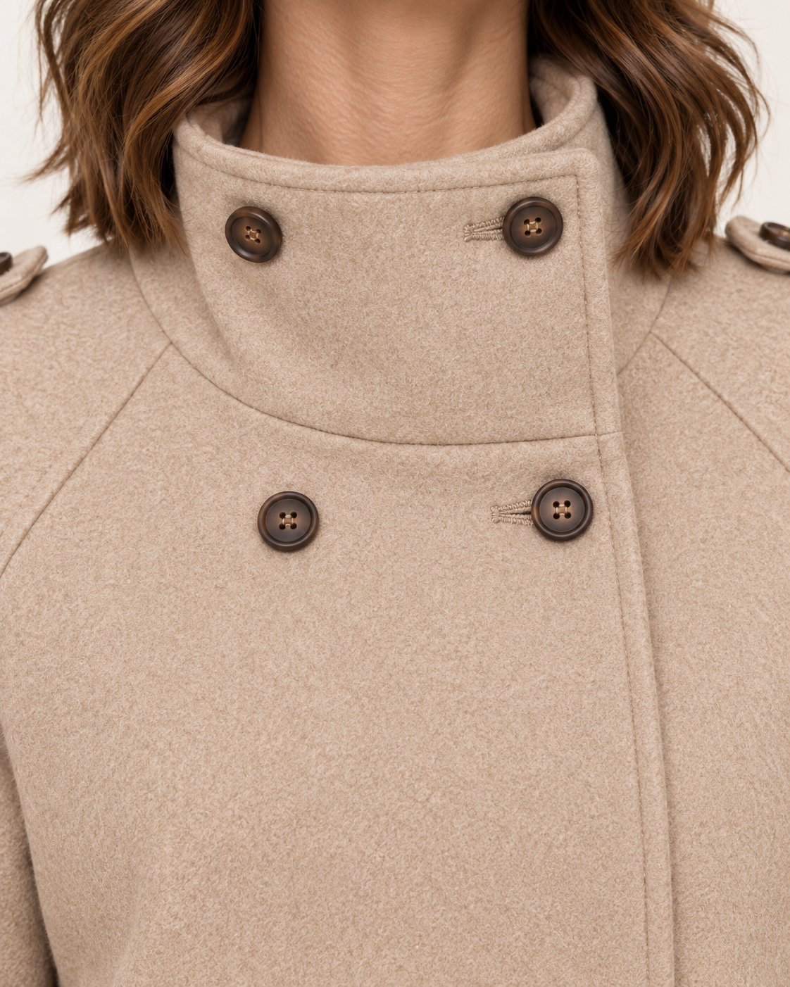 Women's Short Double Breasted Wool Blend Coat in Taupe collar and button detail