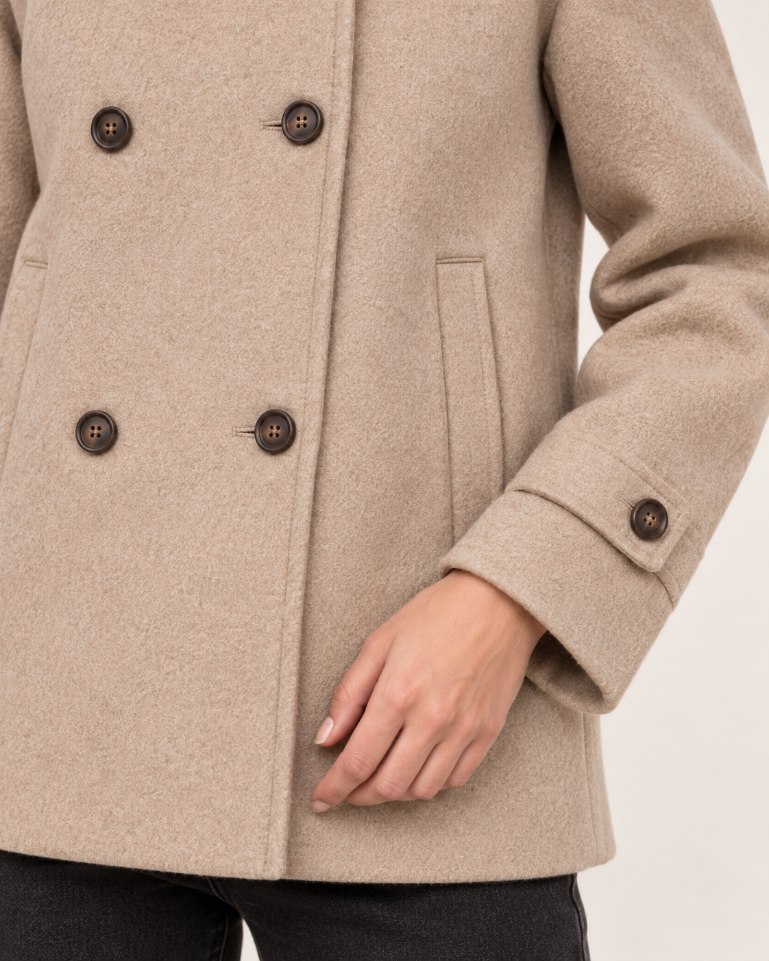 Women's Short Double Breasted Wool Blend Coat in Taupe cuff and button detail