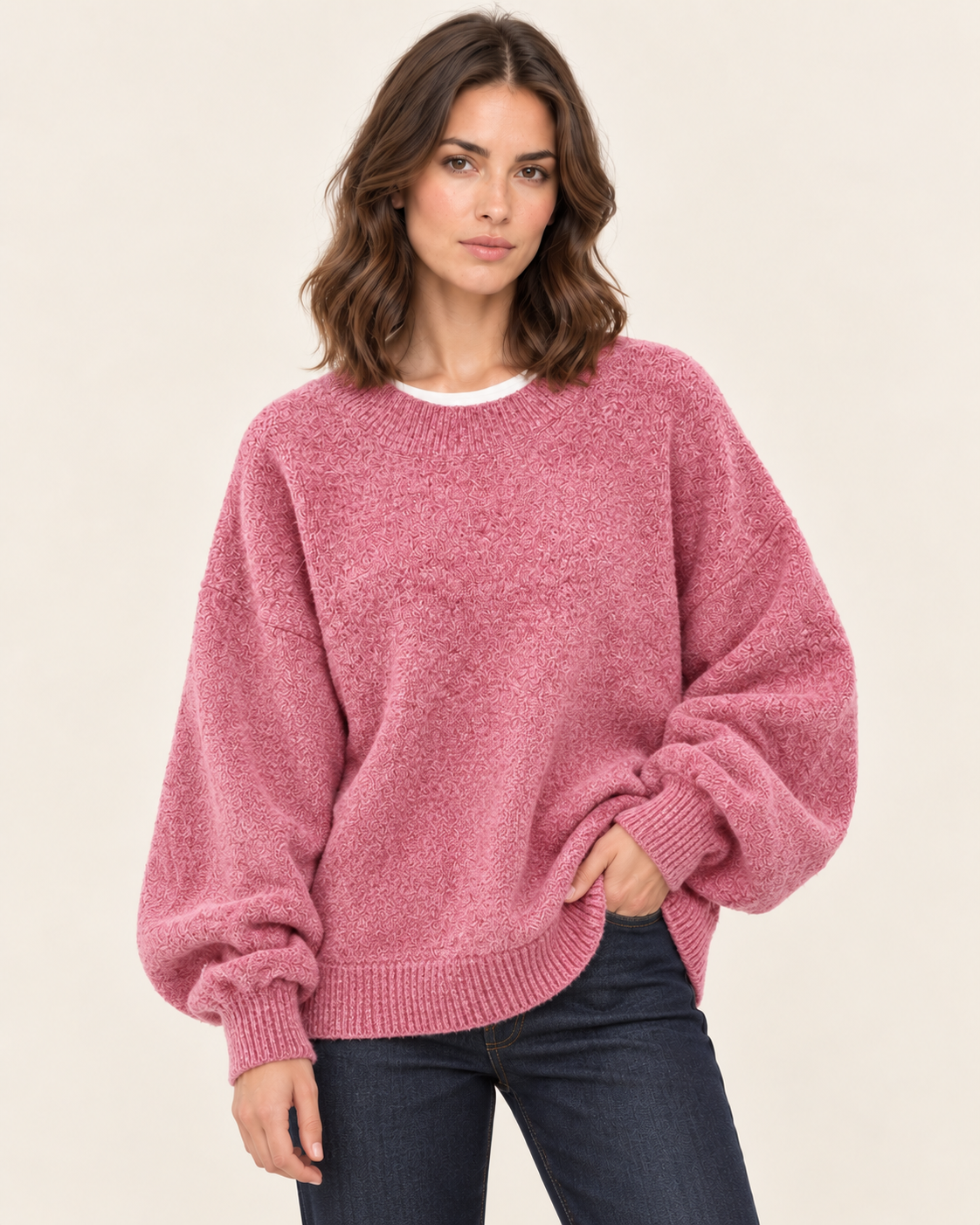 Women's Crew Neck Jumper in Fluffy Knit with Balloon Sleeves in Pink