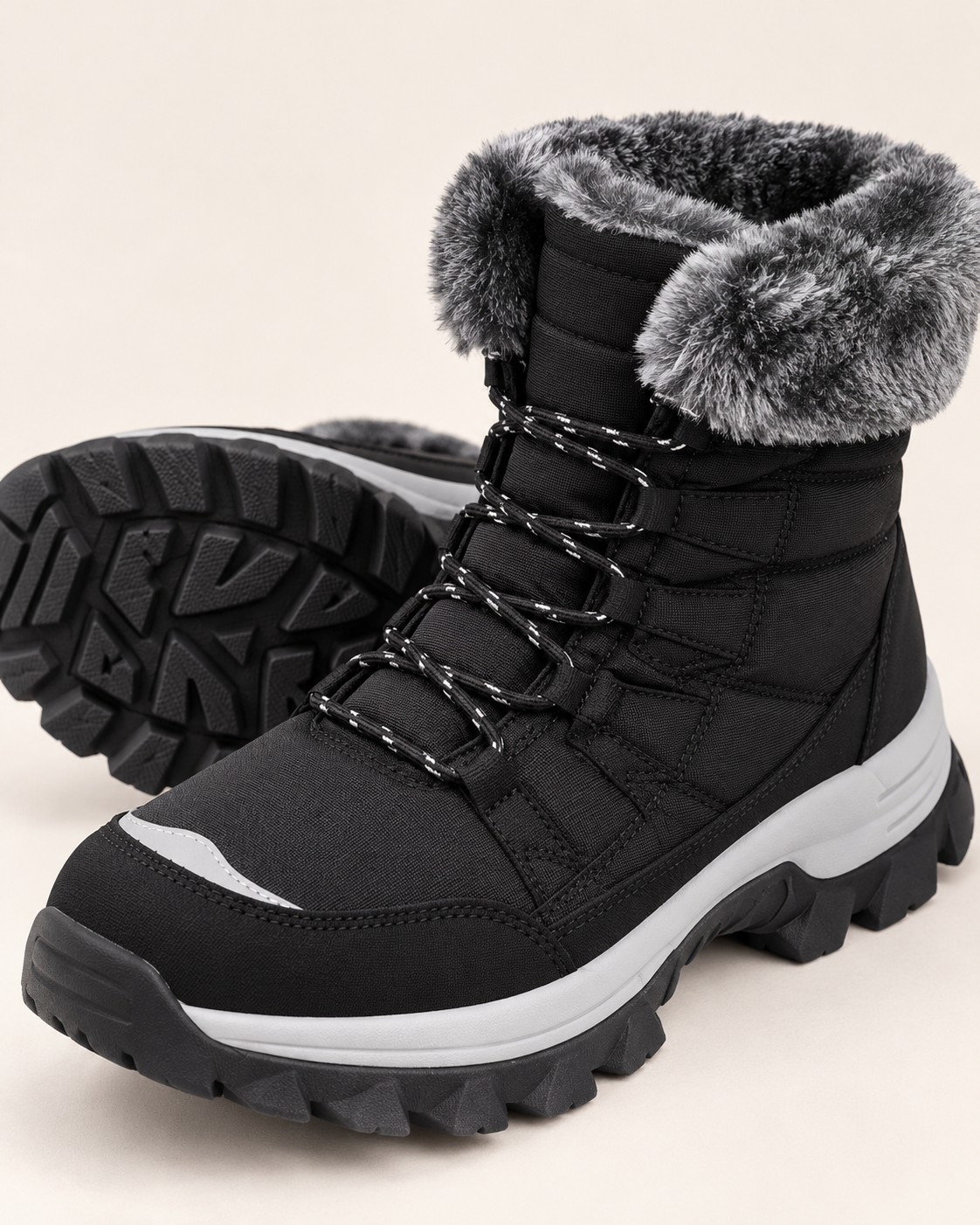 Women's Lace Up Snow Boots with Faux Fur Collar and Chunky Sole in Black, close up
