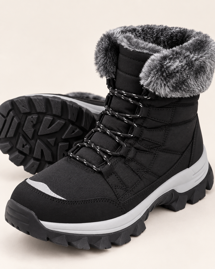 Women's Lace Up Snow Boots with Faux Fur Collar and Chunky Sole in Black, close up