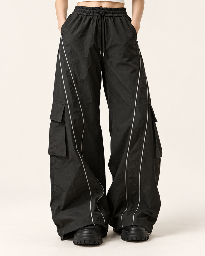 Women's Parachute Trousers with Contrast Piping and Toggle Hems