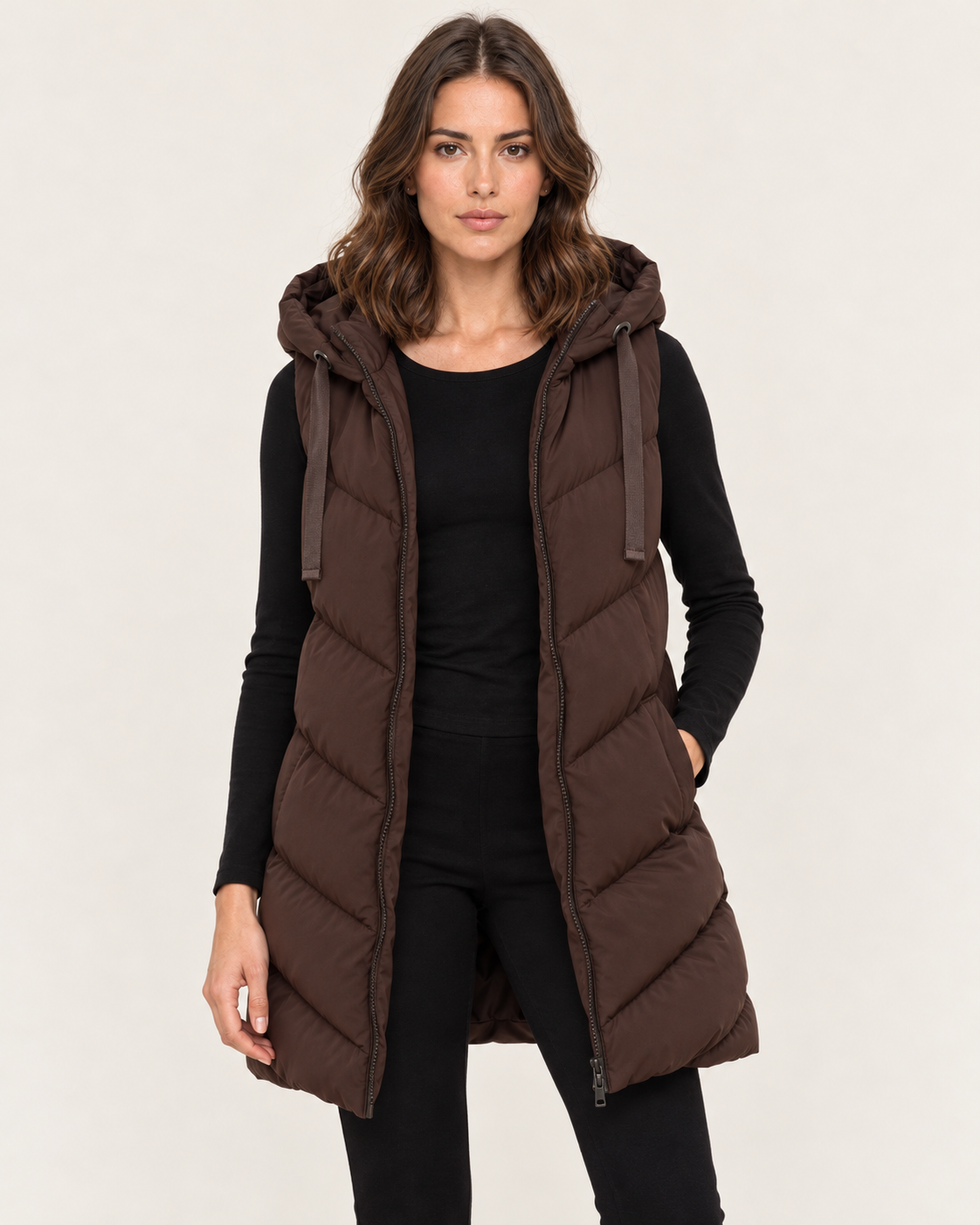 Women's Petite Longline Gilet with Chevron Quilting and Hood