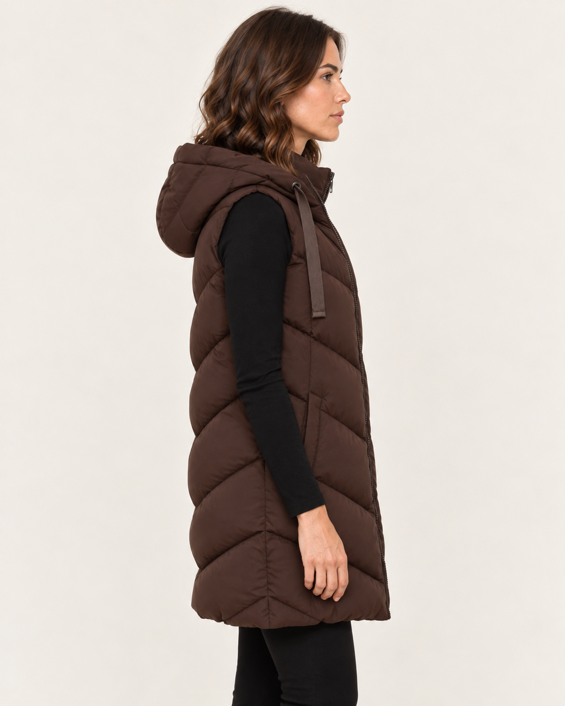 Women's Petite Longline Gilet with Chevron Quilting and Hood